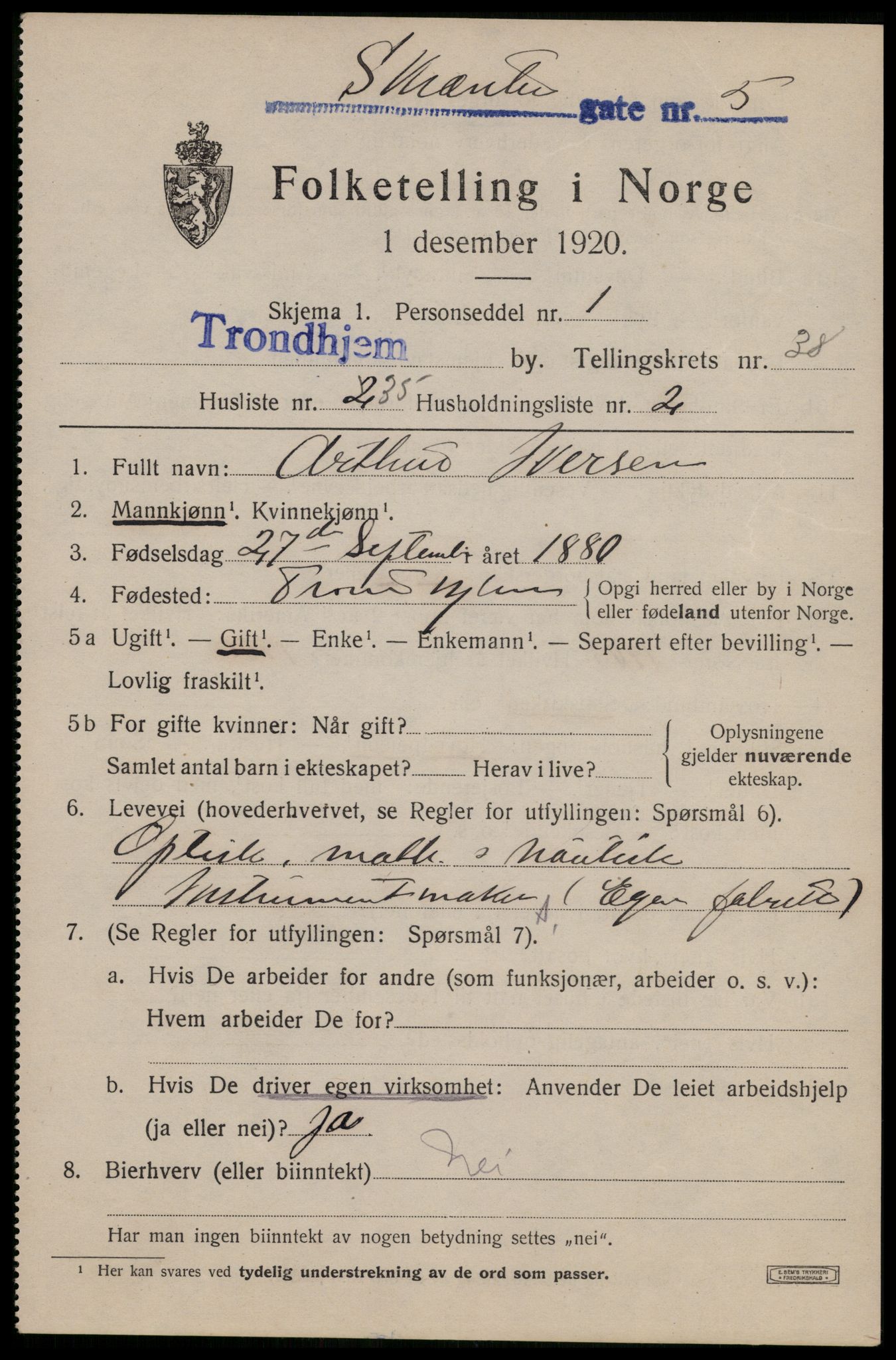 SAT, 1920 census for Trondheim, 1920, p. 87246