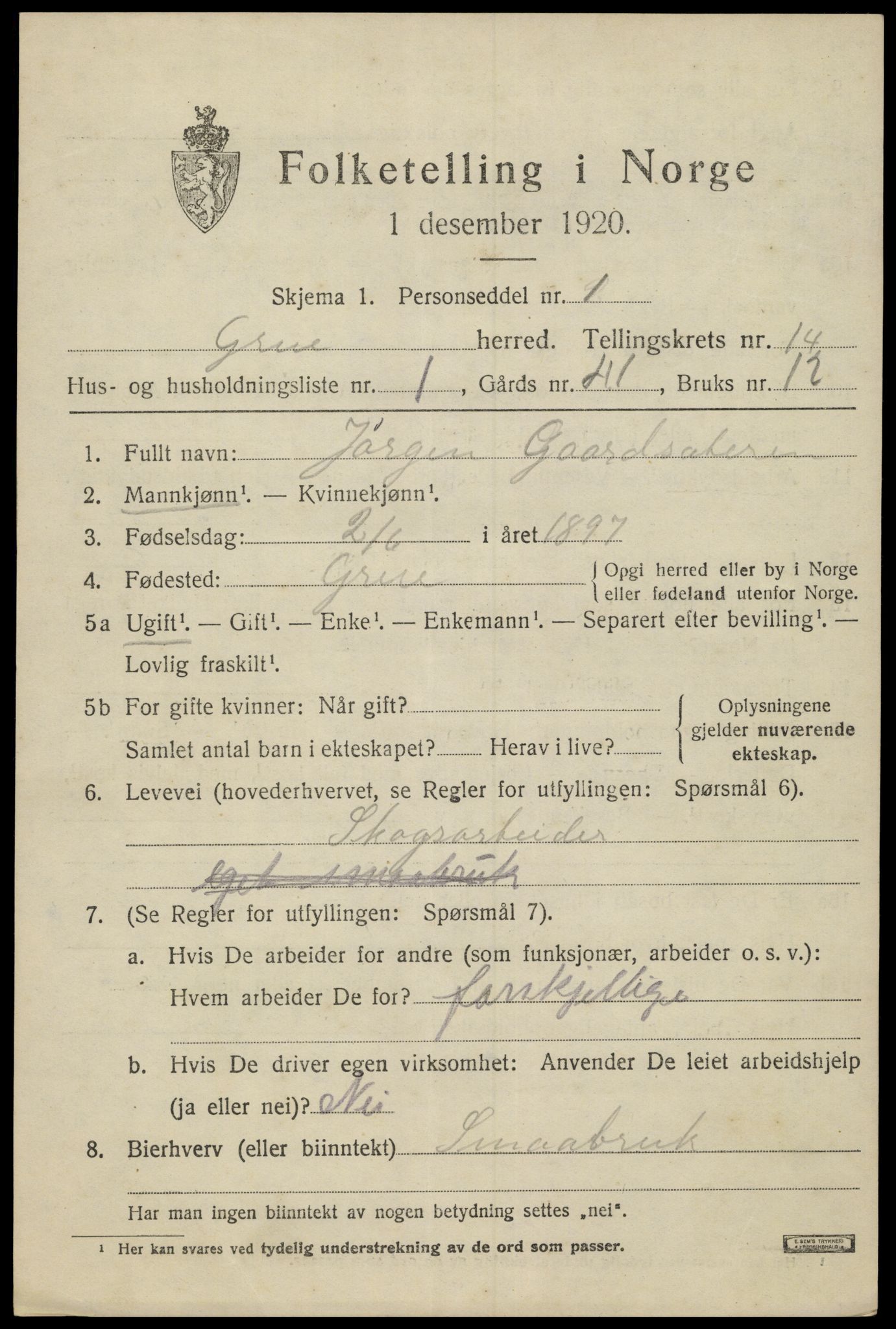 SAH, 1920 census for Grue, 1920, p. 12893