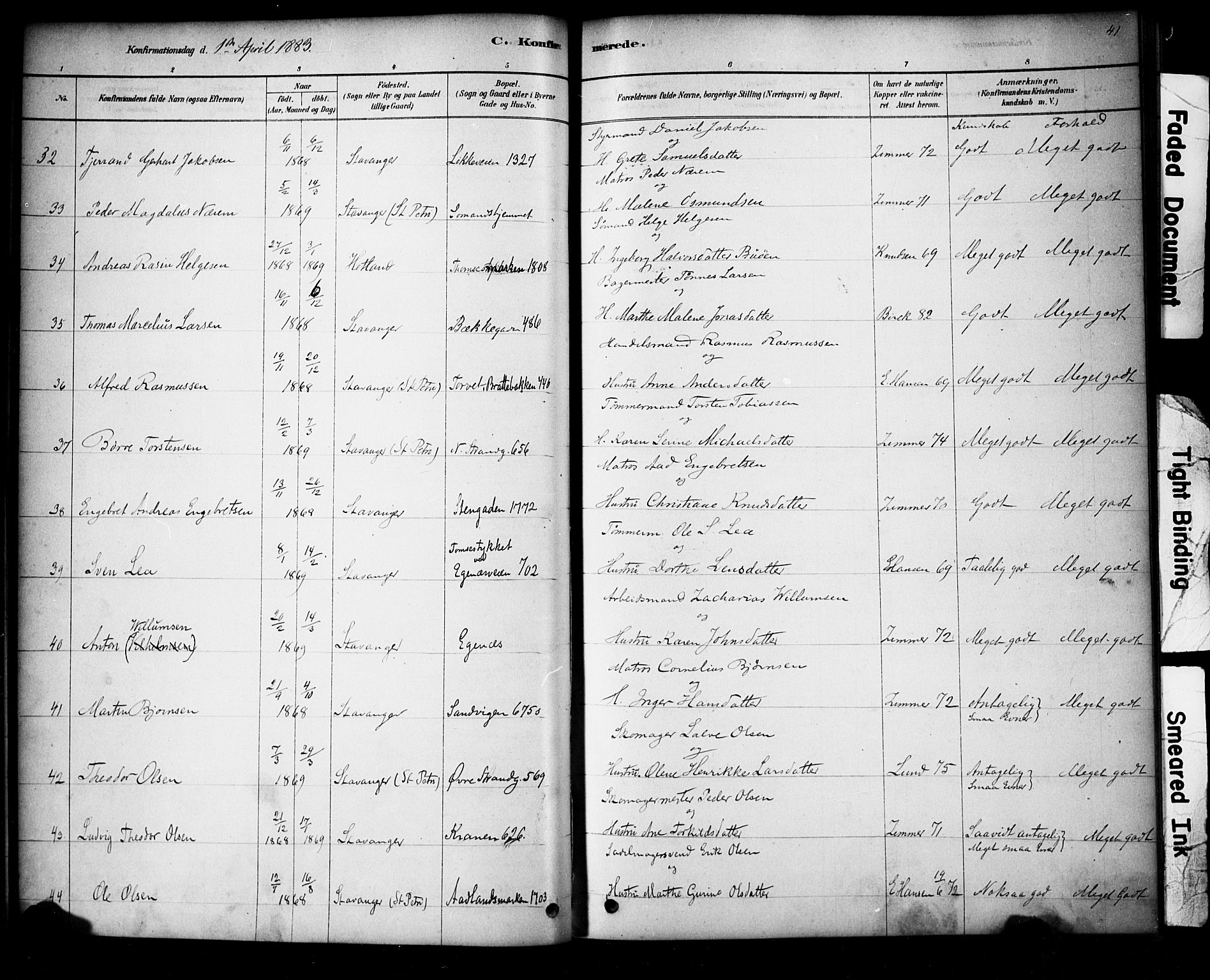 Domkirken sokneprestkontor, SAST/A-101812/001/30/30BA/L0028: Parish register (official) no. A 27, 1878-1896, p. 41