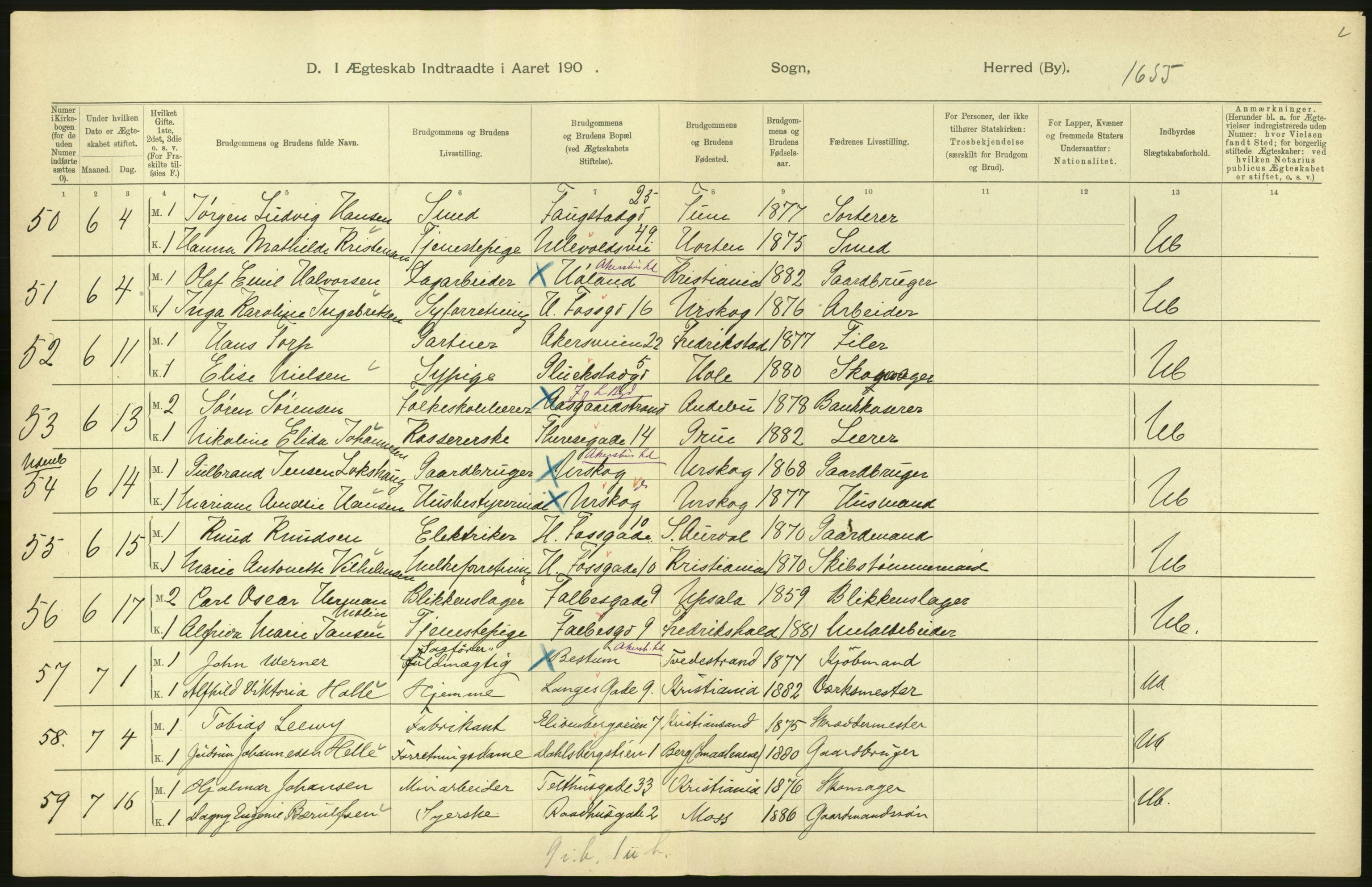 Statistisk sentralbyrå, Sosiodemografiske emner, Befolkning, AV/RA-S-2228/D/Df/Dfa/Dfac/L0007b: Kristiania: Gifte, 1905, p. 20