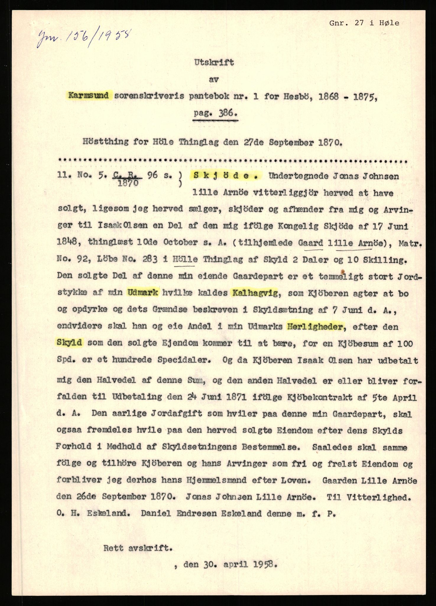 Statsarkivet i Stavanger, AV/SAST-A-101971/03/Y/Yj/L0002: Avskrifter sortert etter gårdsnavn: Amdal indre - Askeland, 1750-1930, p. 399