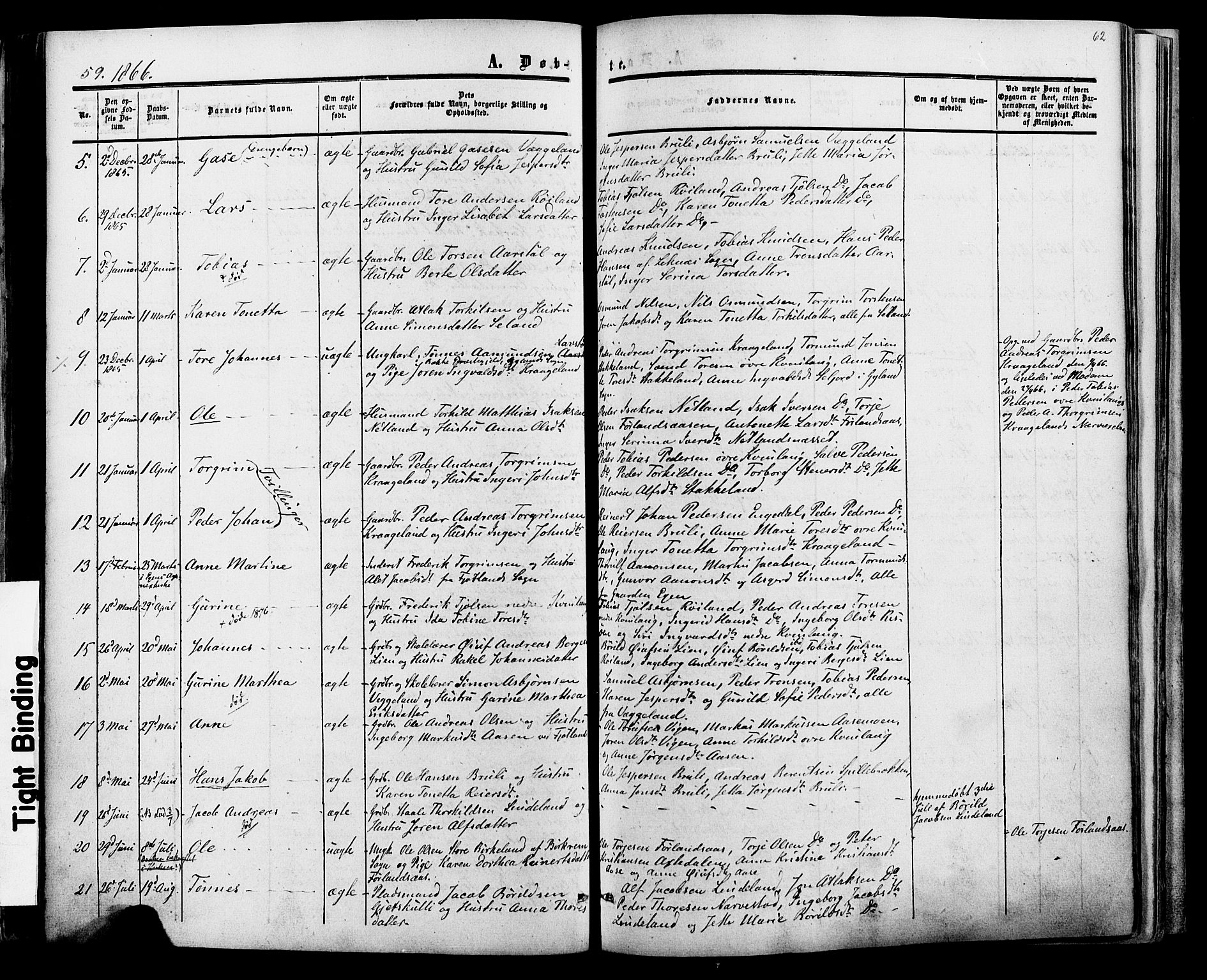 Fjotland sokneprestkontor, AV/SAK-1111-0010/F/Fa/L0001: Parish register (official) no. A 1, 1850-1879, p. 62