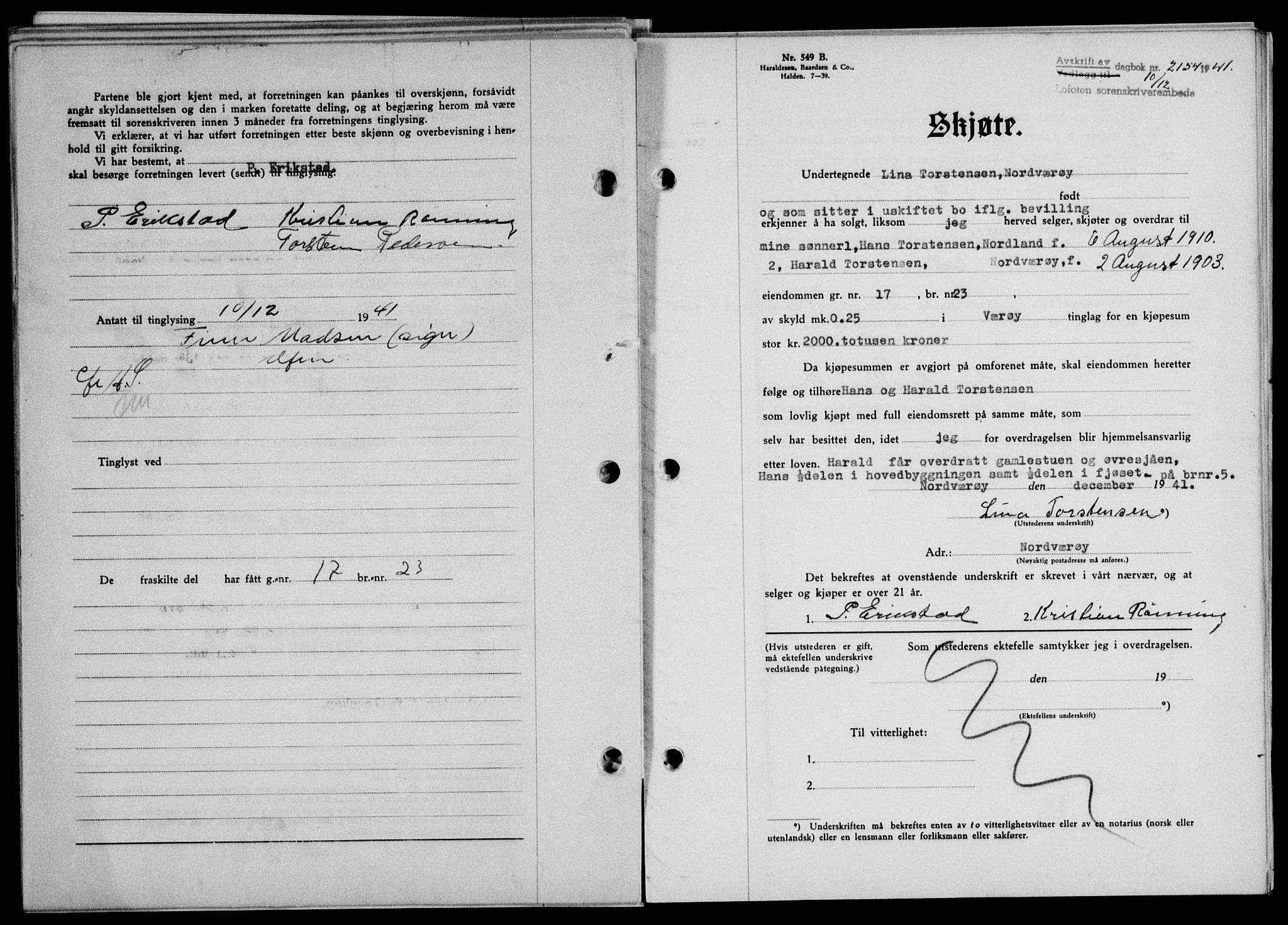 Lofoten sorenskriveri, SAT/A-0017/1/2/2C/L0009a: Mortgage book no. 9a, 1941-1942, Diary no: : 2154/1941