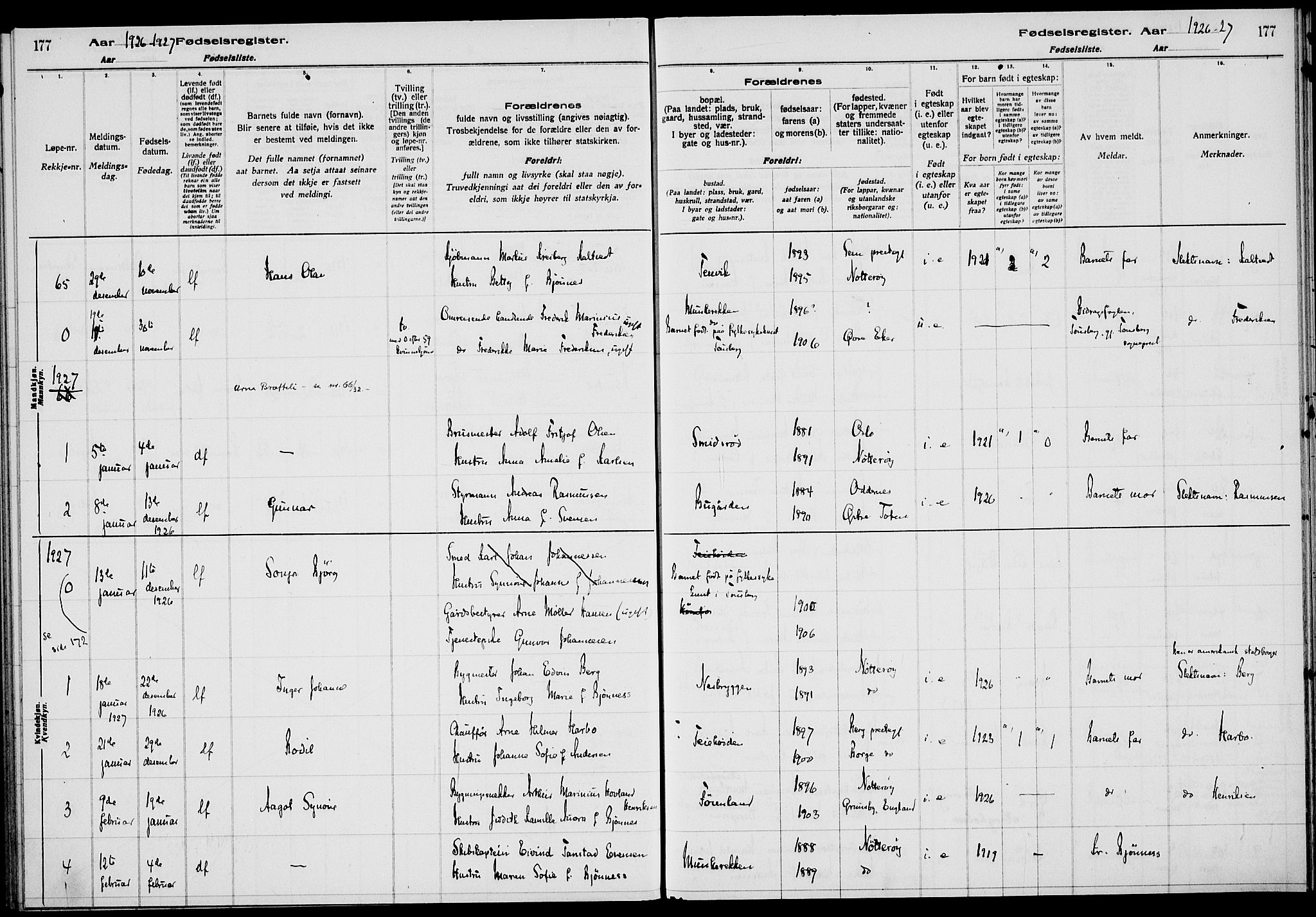 Nøtterøy kirkebøker, AV/SAKO-A-354/J/Ja/L0001: Birth register no. 1, 1916-1928, p. 177