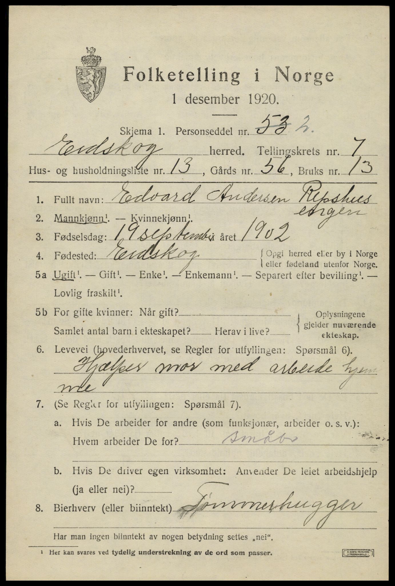 SAH, 1920 census for Eidskog, 1920, p. 8543