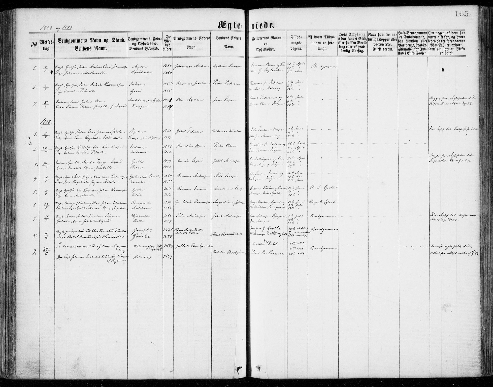 Bremanger sokneprestembete, SAB/A-82201/H/Haa/Haaa/L0001: Parish register (official) no. A  1, 1864-1883, p. 165