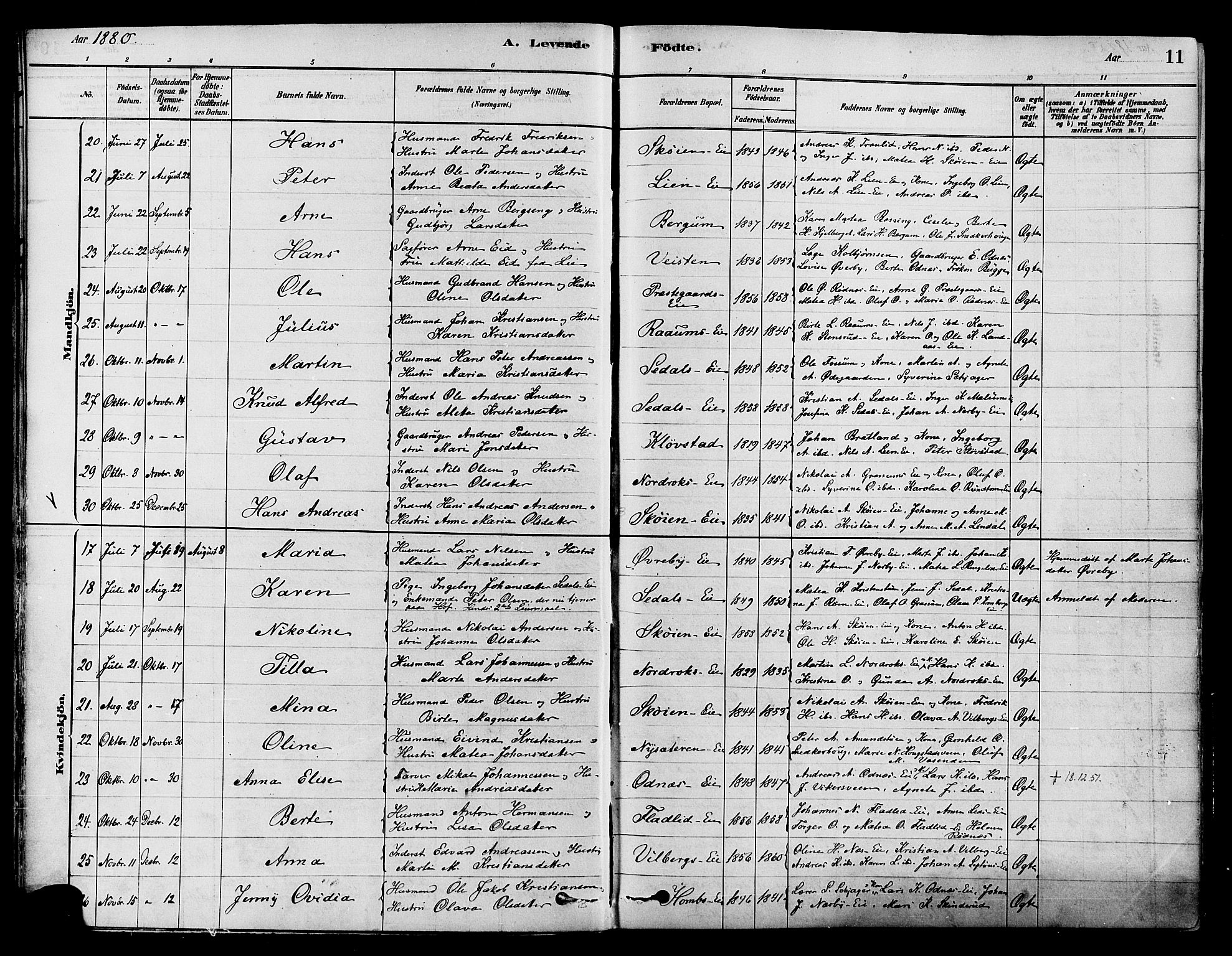 Søndre Land prestekontor, AV/SAH-PREST-122/K/L0002: Parish register (official) no. 2, 1878-1894, p. 11