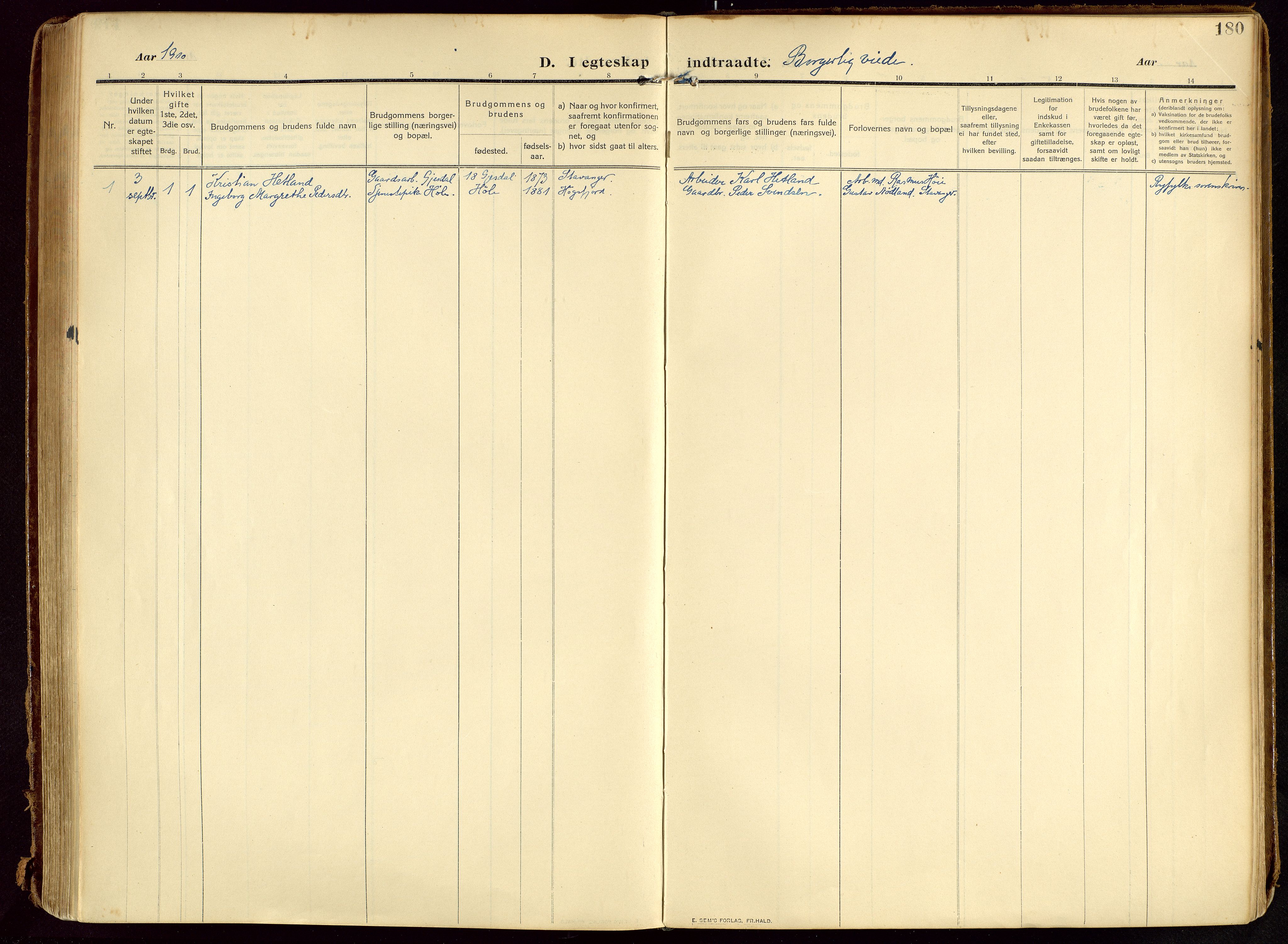 Lye sokneprestkontor, SAST/A-101794/002/B/L0001: Parish register (official) no. A 13, 1910-1925, p. 180