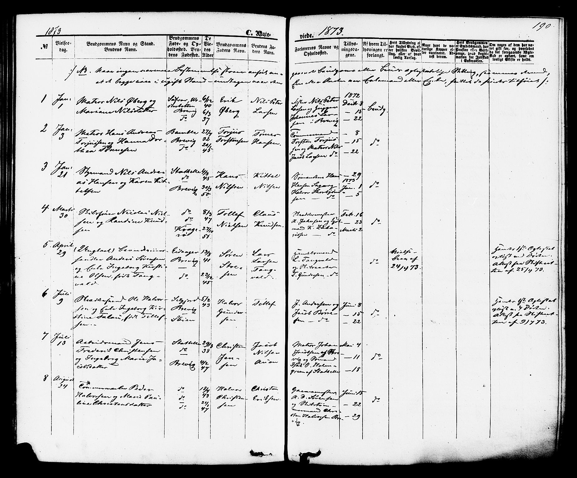 Brevik kirkebøker, SAKO/A-255/F/Fa/L0006: Parish register (official) no. 6, 1866-1881, p. 190