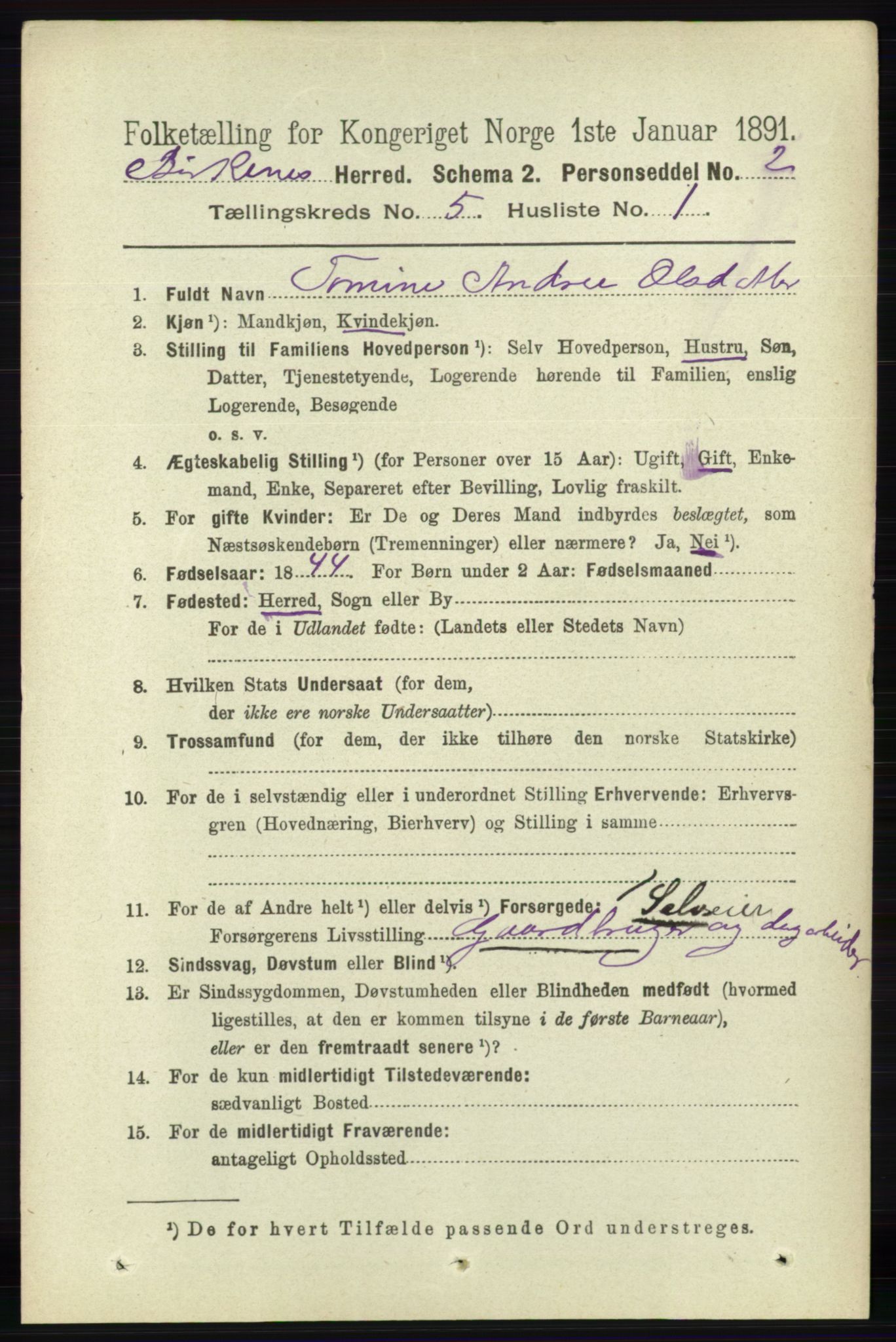 RA, 1891 Census for 0928 Birkenes, 1891, p. 1533