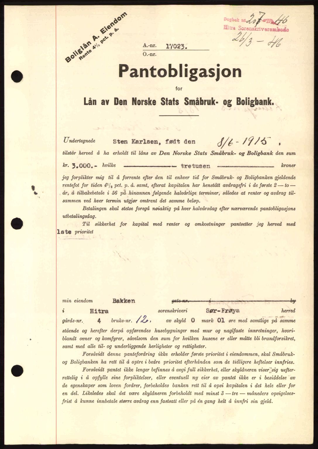 Hitra sorenskriveri, AV/SAT-A-0018/2/2C/2Ca: Mortgage book no. B1, 1939-1949, Diary no: : 207/1946