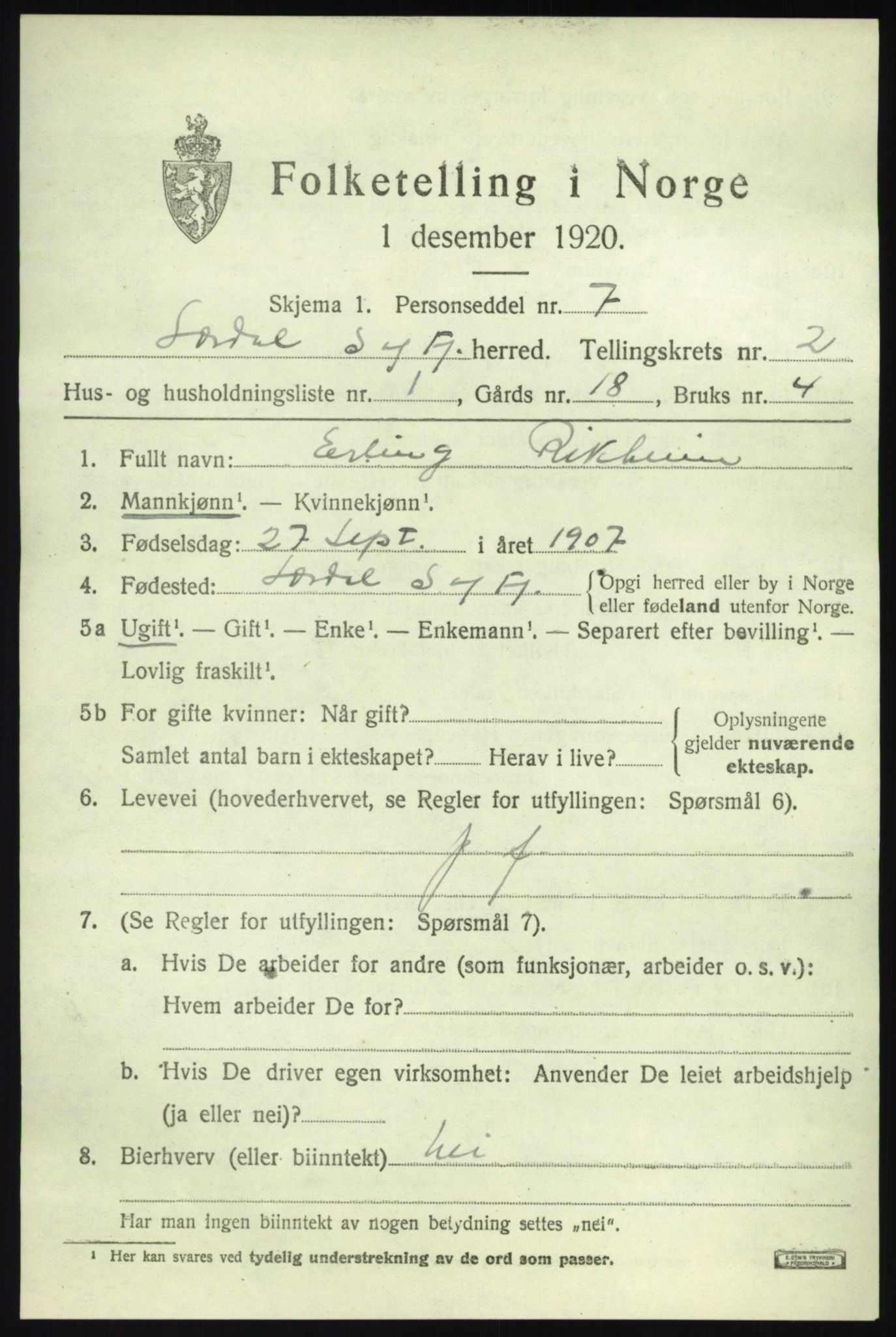 SAB, 1920 census for Lærdal, 1920, p. 1254