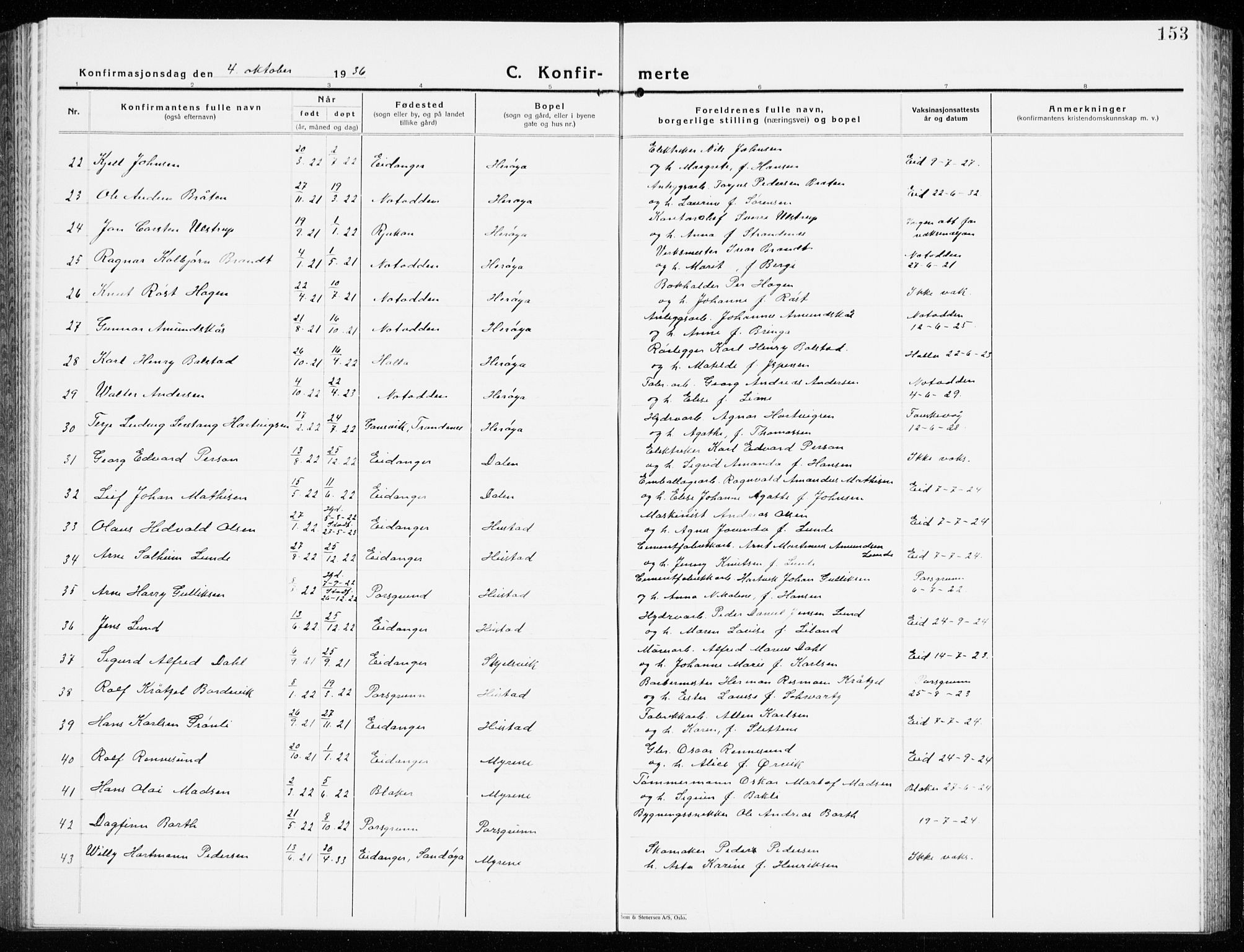 Eidanger kirkebøker, AV/SAKO-A-261/G/Ga/L0005: Parish register (copy) no. 5, 1928-1942, p. 153