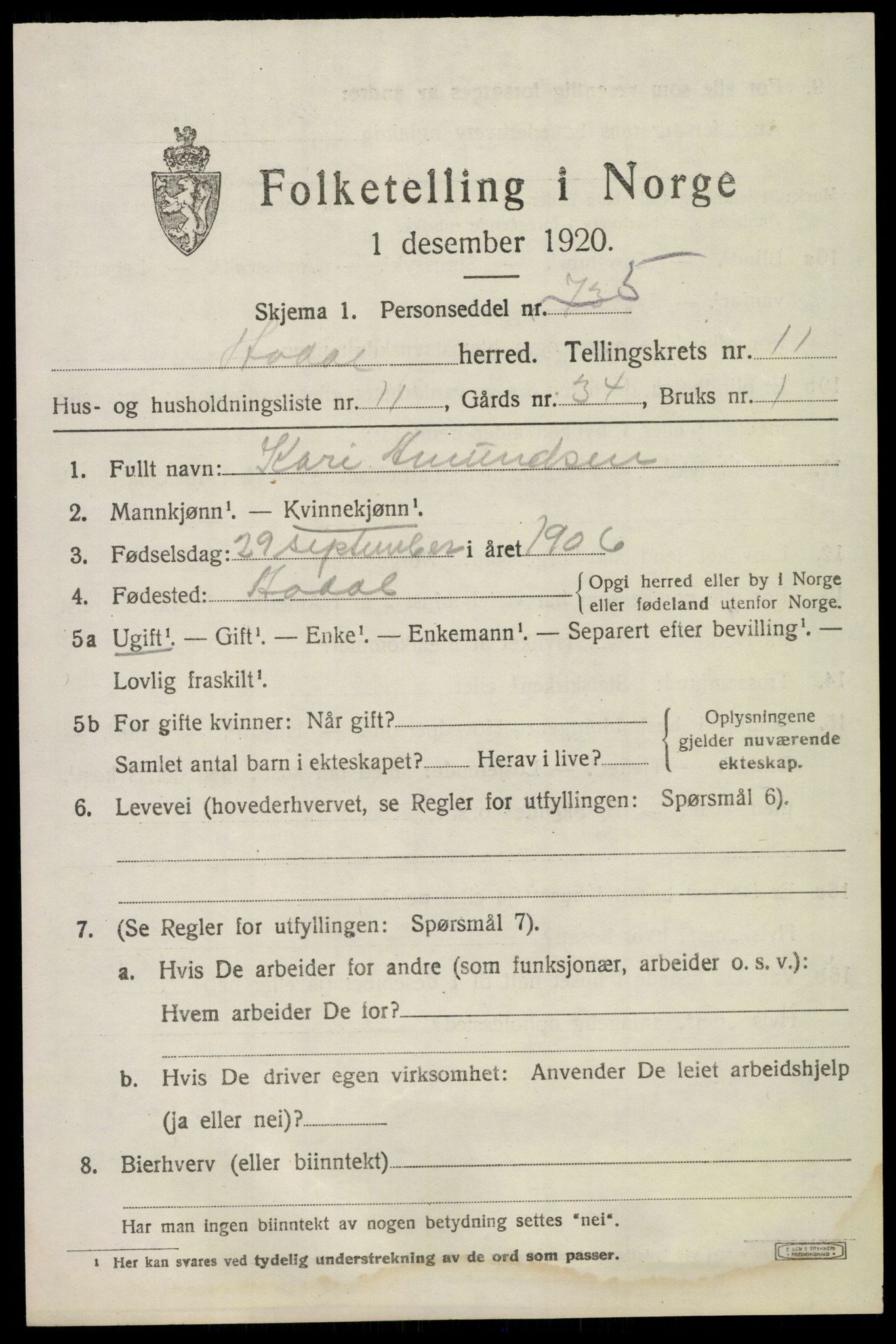 SAKO, 1920 census for Ådal, 1920, p. 6752