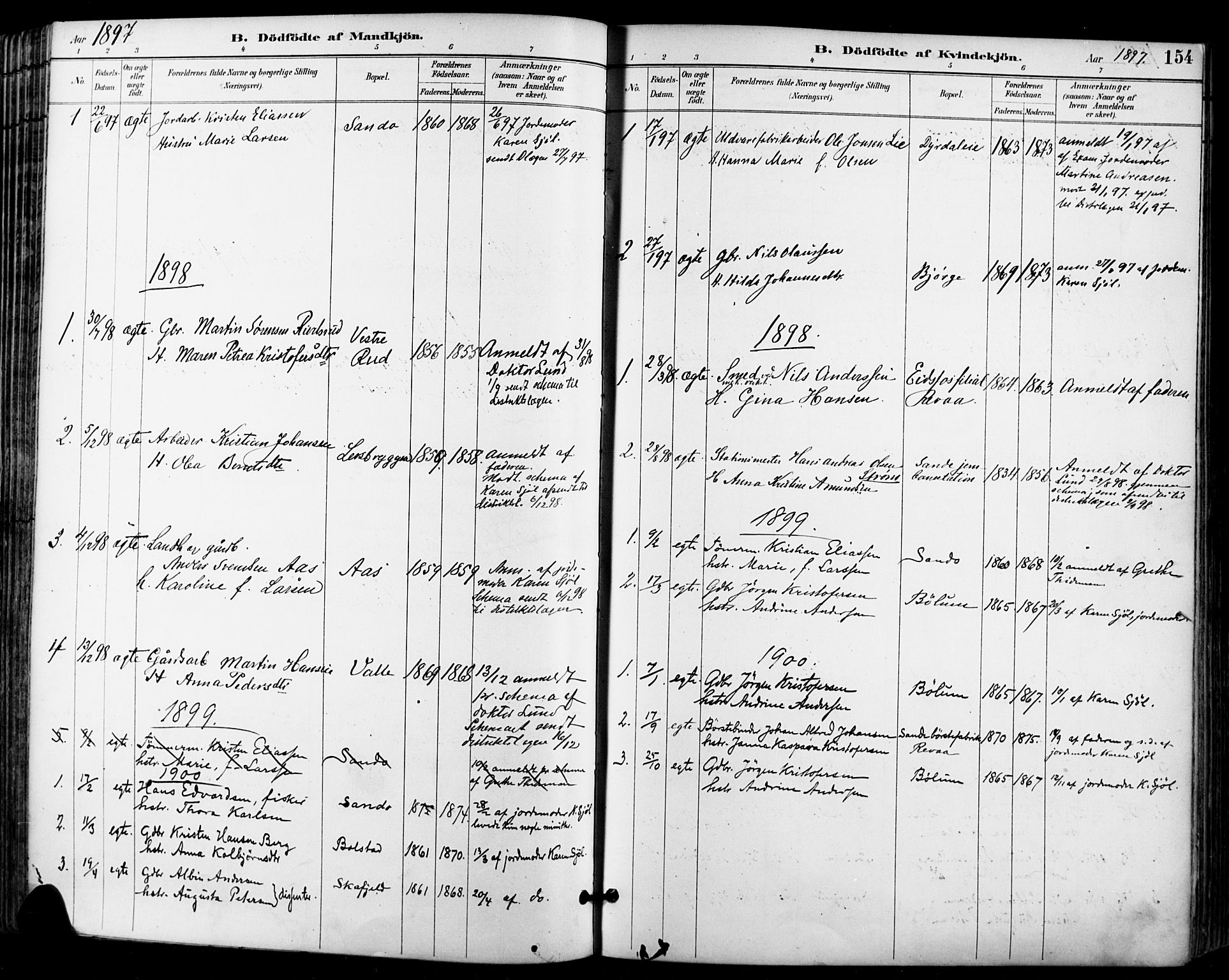 Sande Kirkebøker, AV/SAKO-A-53/F/Fa/L0007: Parish register (official) no. 7, 1888-1903, p. 154