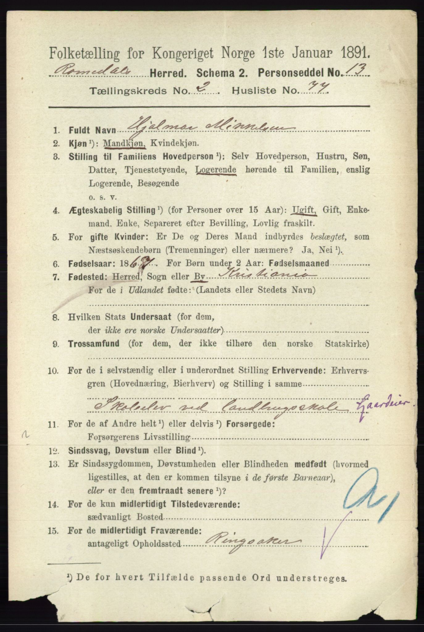 RA, 1891 census for 0416 Romedal, 1891, p. 1334