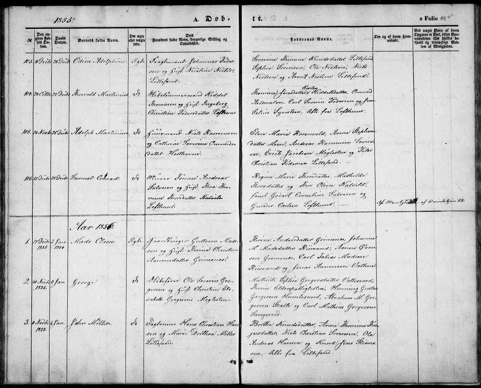 Vestre Moland sokneprestkontor, SAK/1111-0046/F/Fb/Fbb/L0003: Parish register (copy) no. B 3, 1851-1861, p. 44