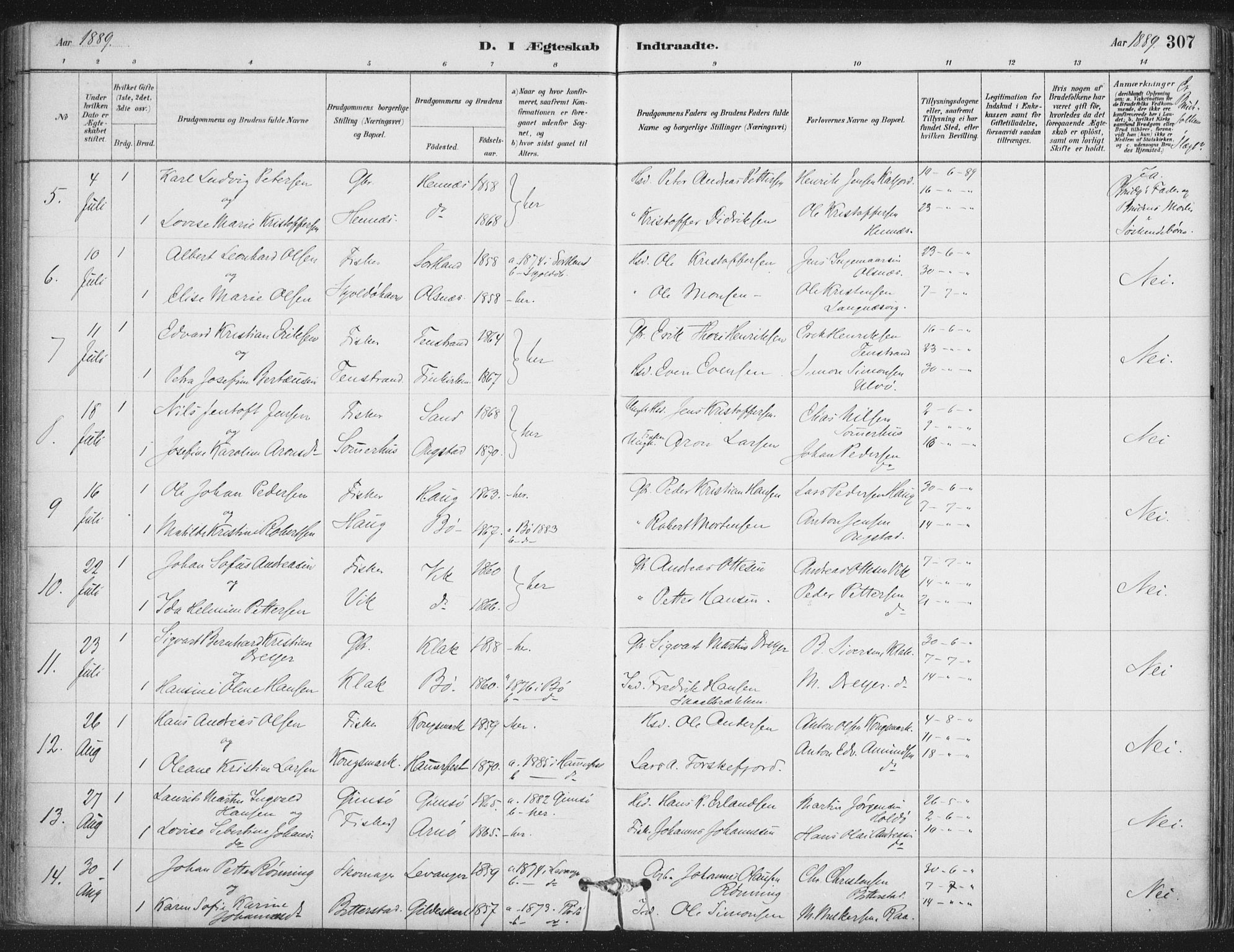 Ministerialprotokoller, klokkerbøker og fødselsregistre - Nordland, SAT/A-1459/888/L1244: Parish register (official) no. 888A10, 1880-1890, p. 307