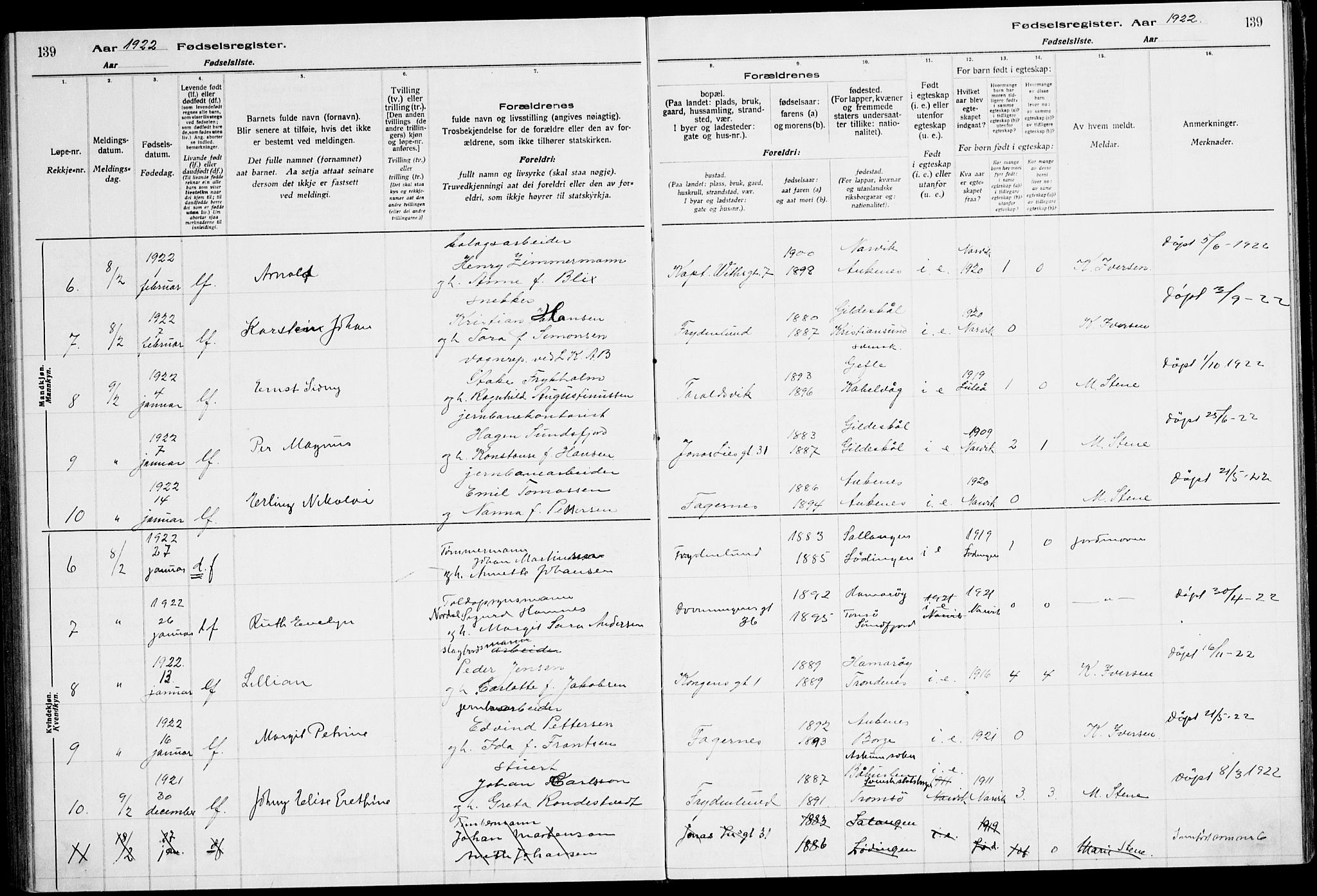 Ministerialprotokoller, klokkerbøker og fødselsregistre - Nordland, SAT/A-1459/871/L1013: Birth register no. 871.II.4.1, 1916-1924, p. 139