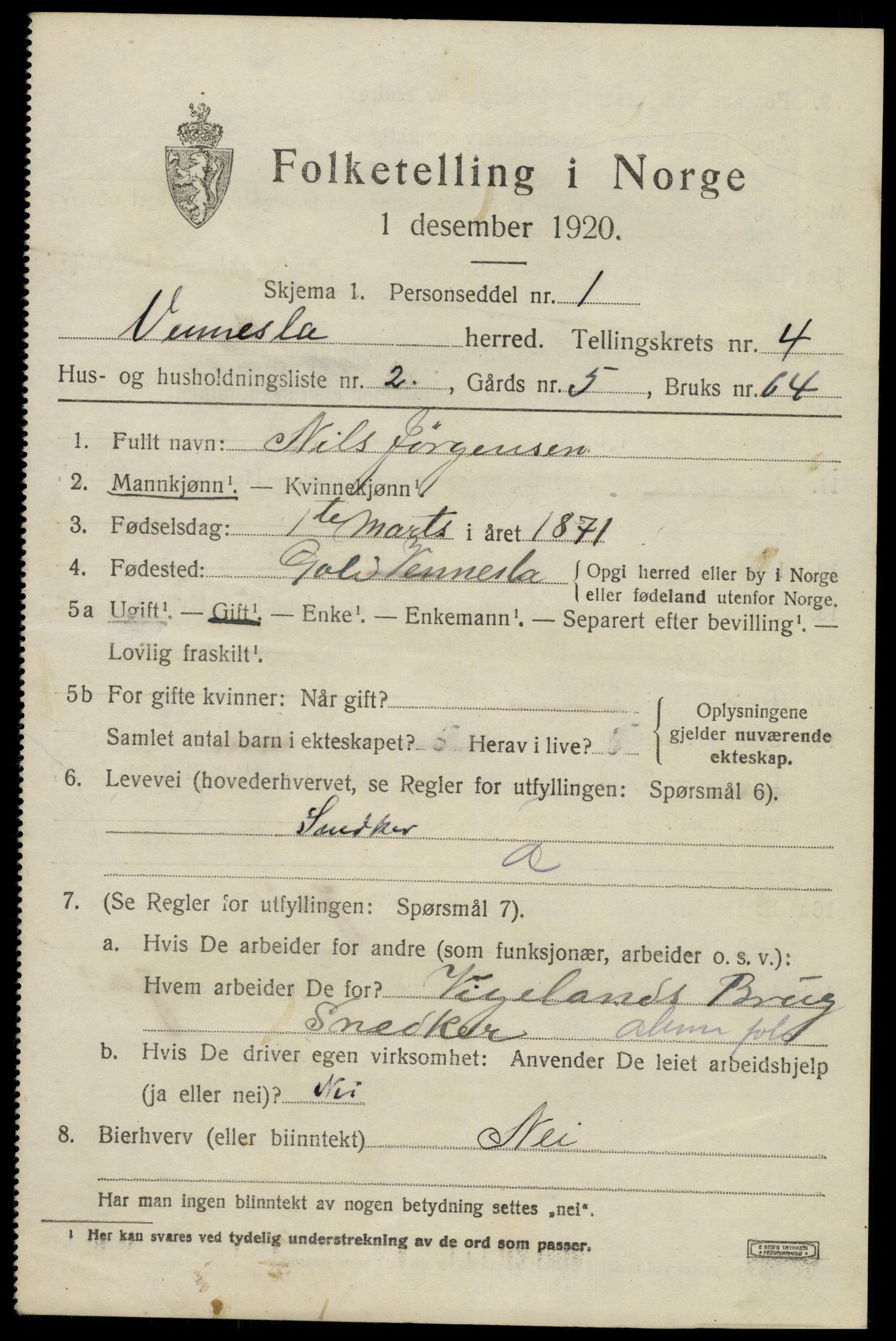 SAK, 1920 census for Vennesla, 1920, p. 2664