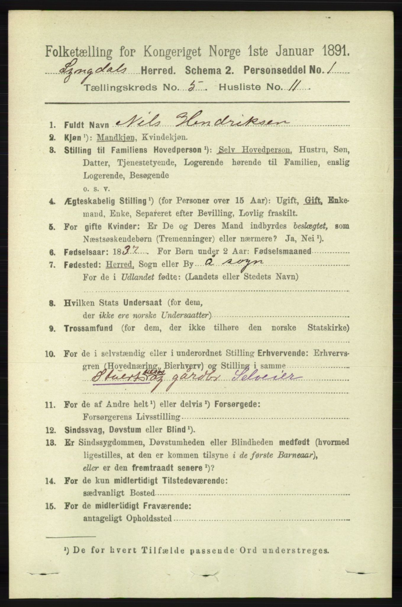 RA, 1891 census for 1032 Lyngdal, 1891, p. 1942