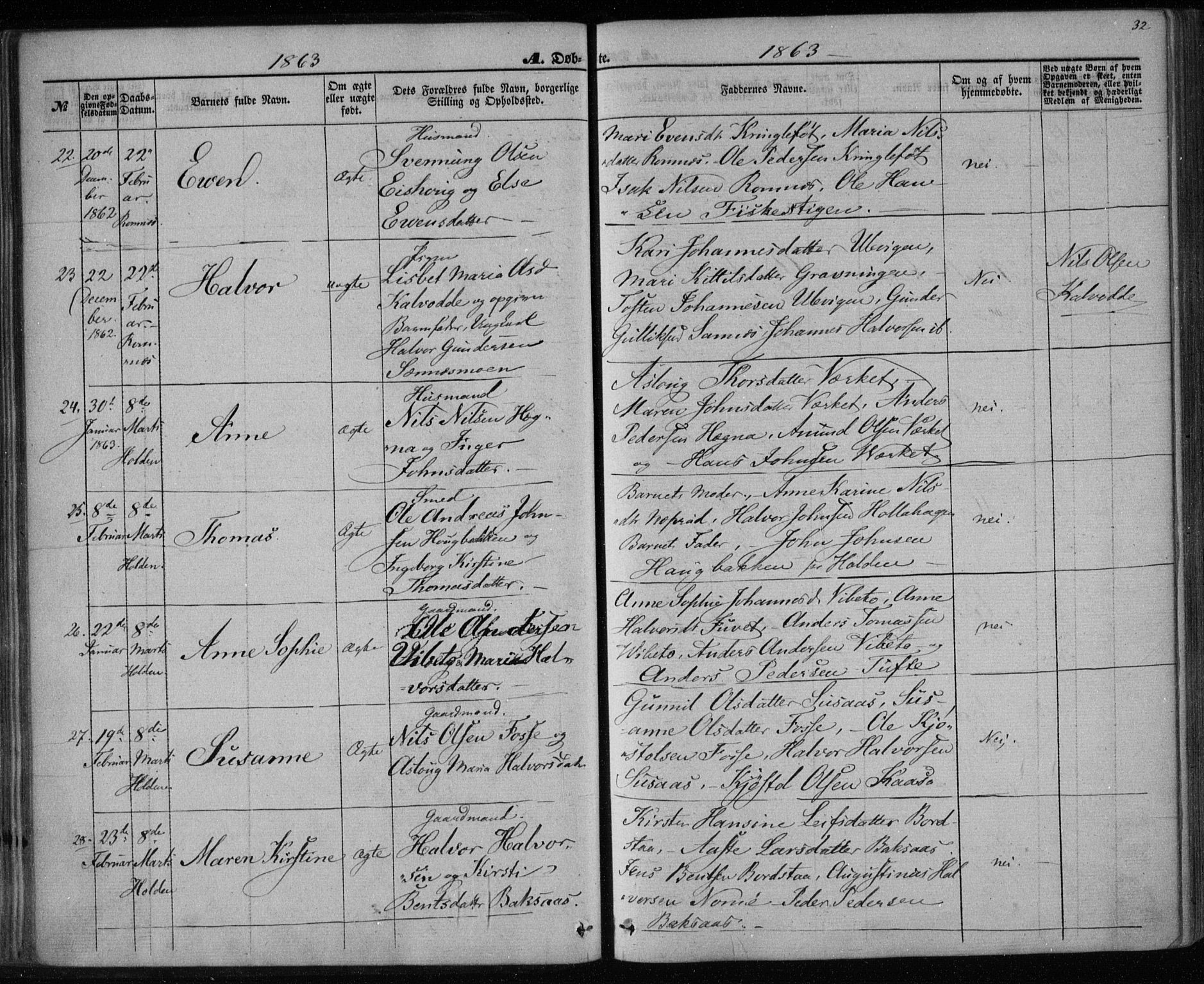 Holla kirkebøker, SAKO/A-272/F/Fa/L0006: Parish register (official) no. 6, 1861-1869, p. 32