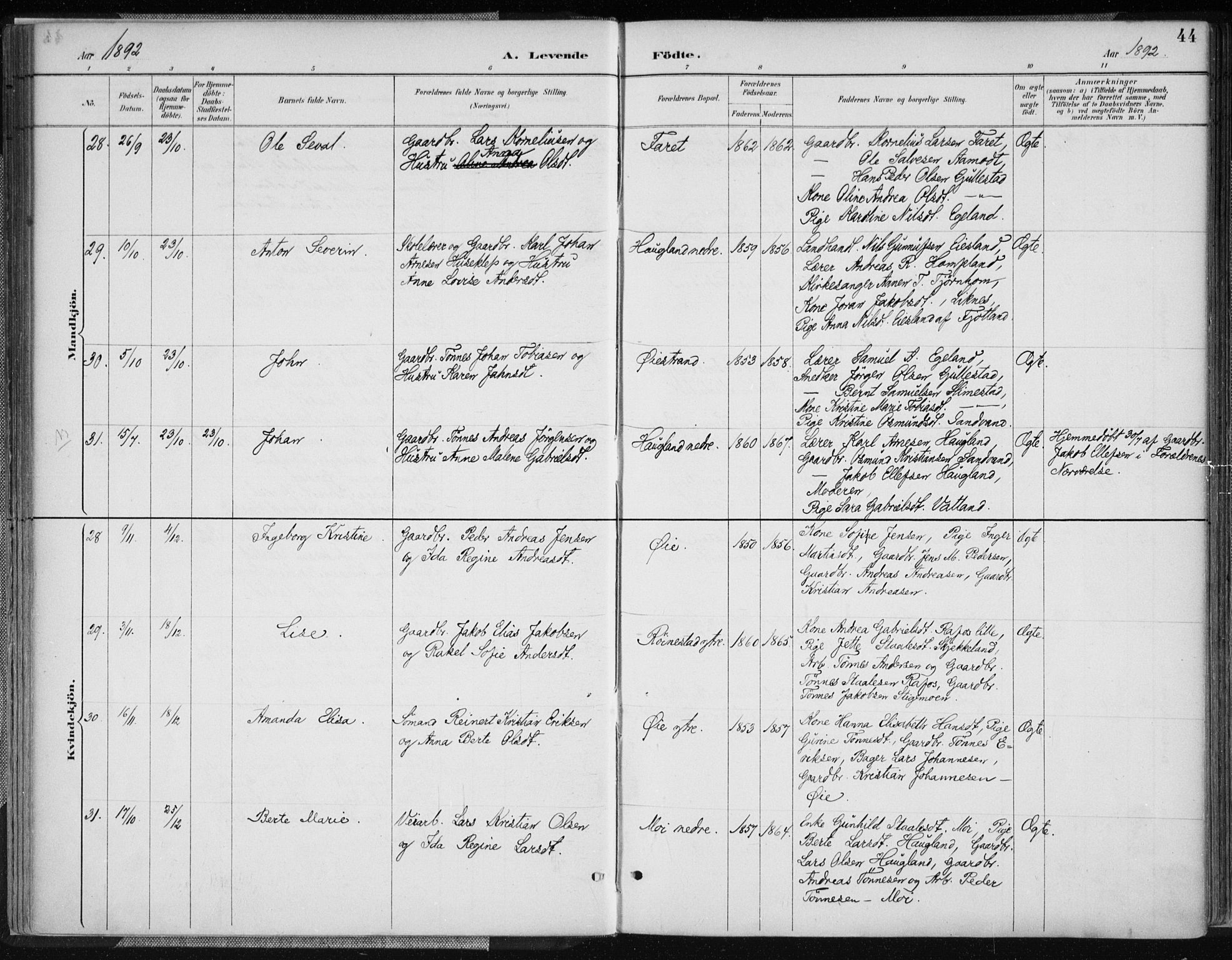 Kvinesdal sokneprestkontor, AV/SAK-1111-0026/F/Fa/Fab/L0008: Parish register (official) no. A 8, 1886-1897, p. 44