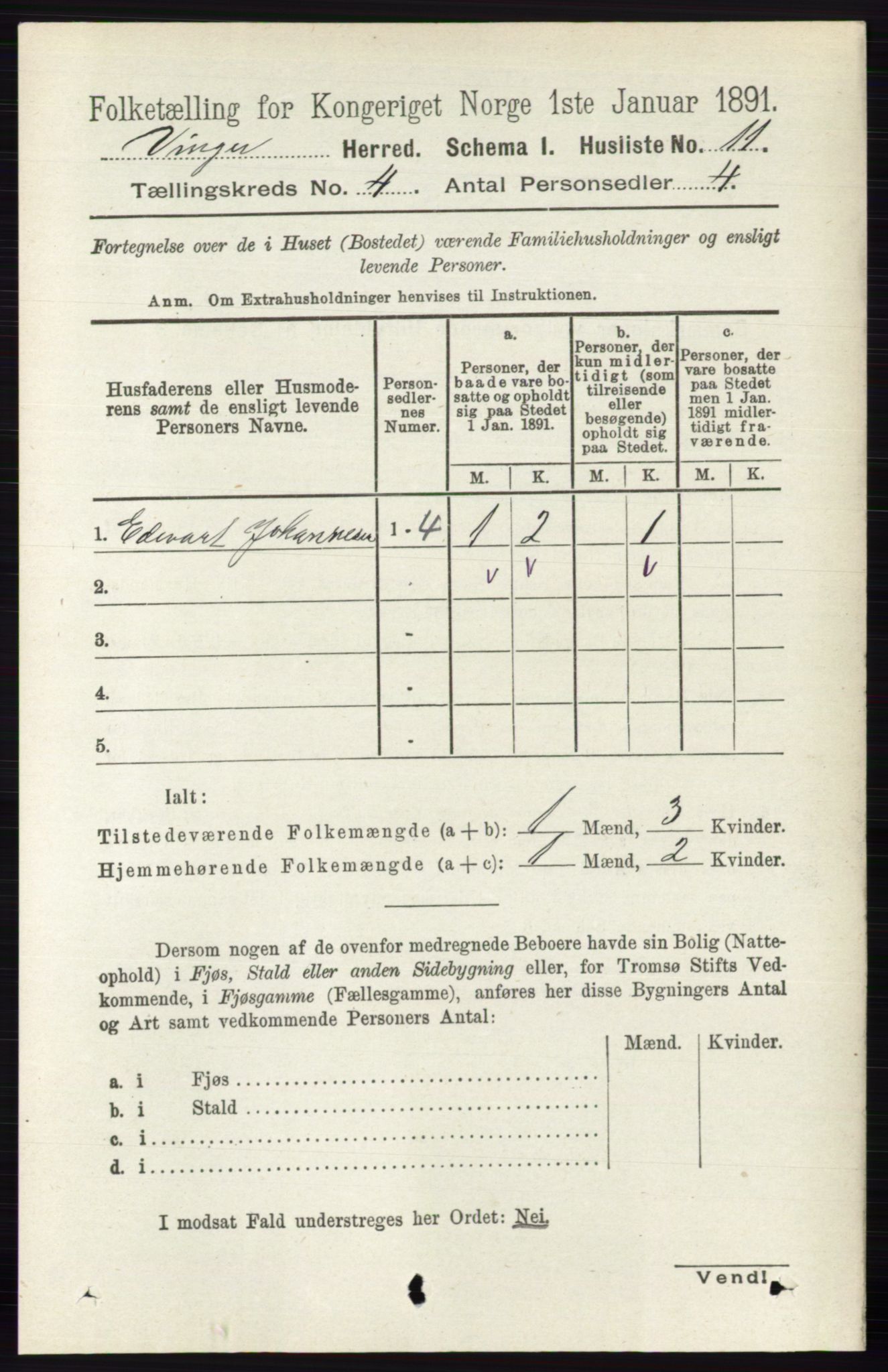 RA, 1891 census for 0421 Vinger, 1891, p. 1592