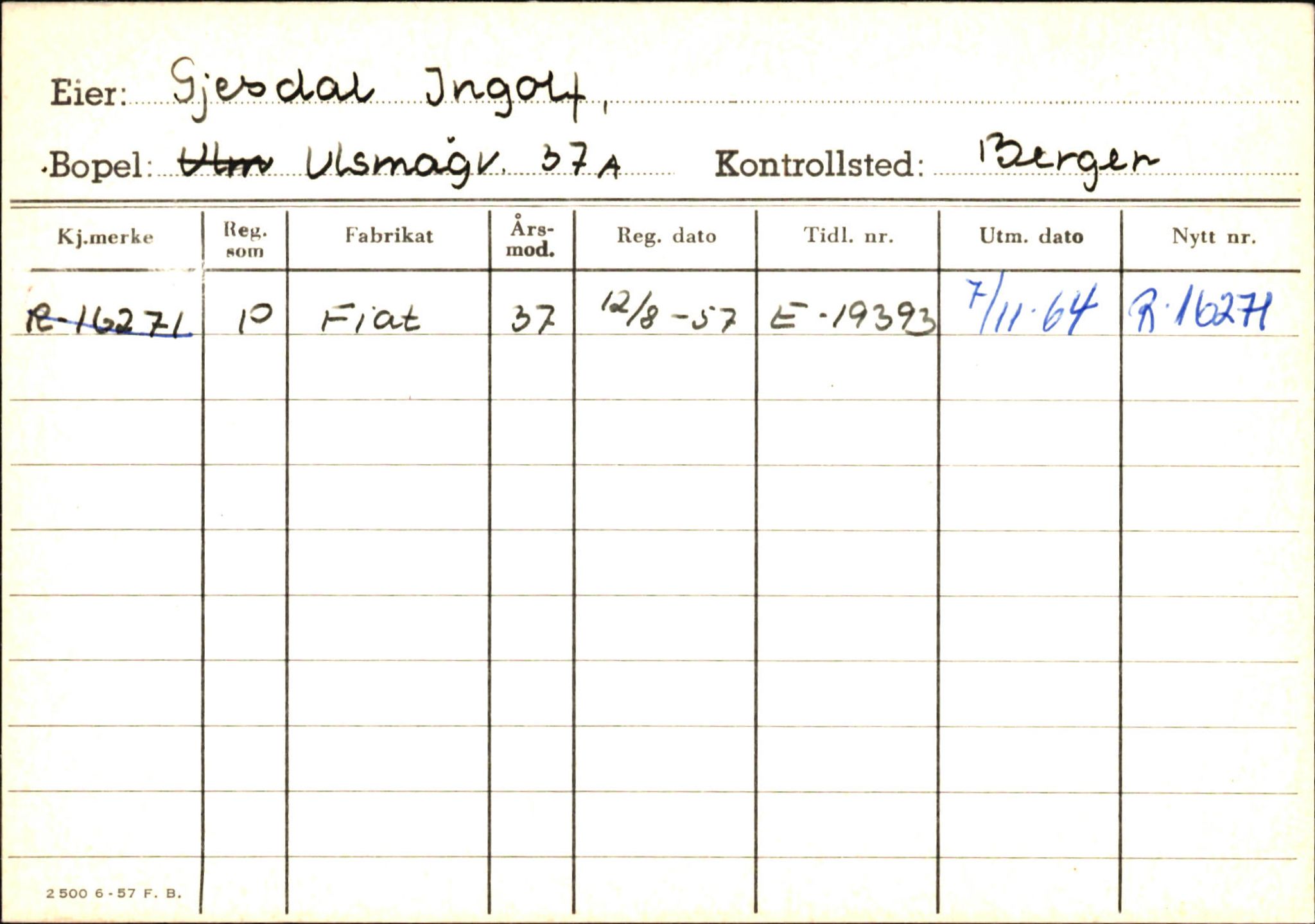 Statens vegvesen, Hordaland vegkontor, SAB/A-5201/2/Ha/L0016: R-eierkort G, 1920-1971, p. 1