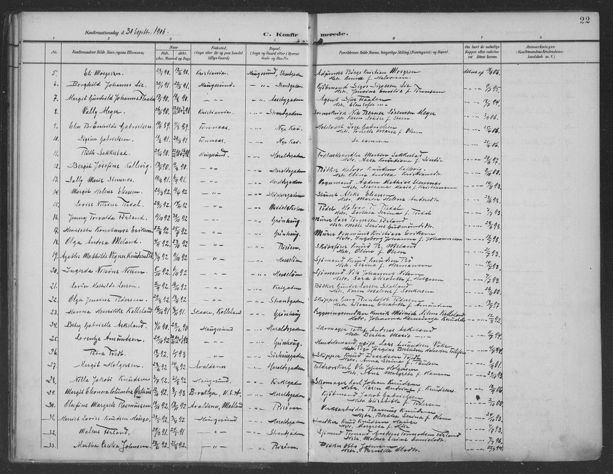 Haugesund sokneprestkontor, AV/SAST-A -101863/H/Ha/Haa/L0007: Parish register (official) no. A 7, 1904-1916, p. 22