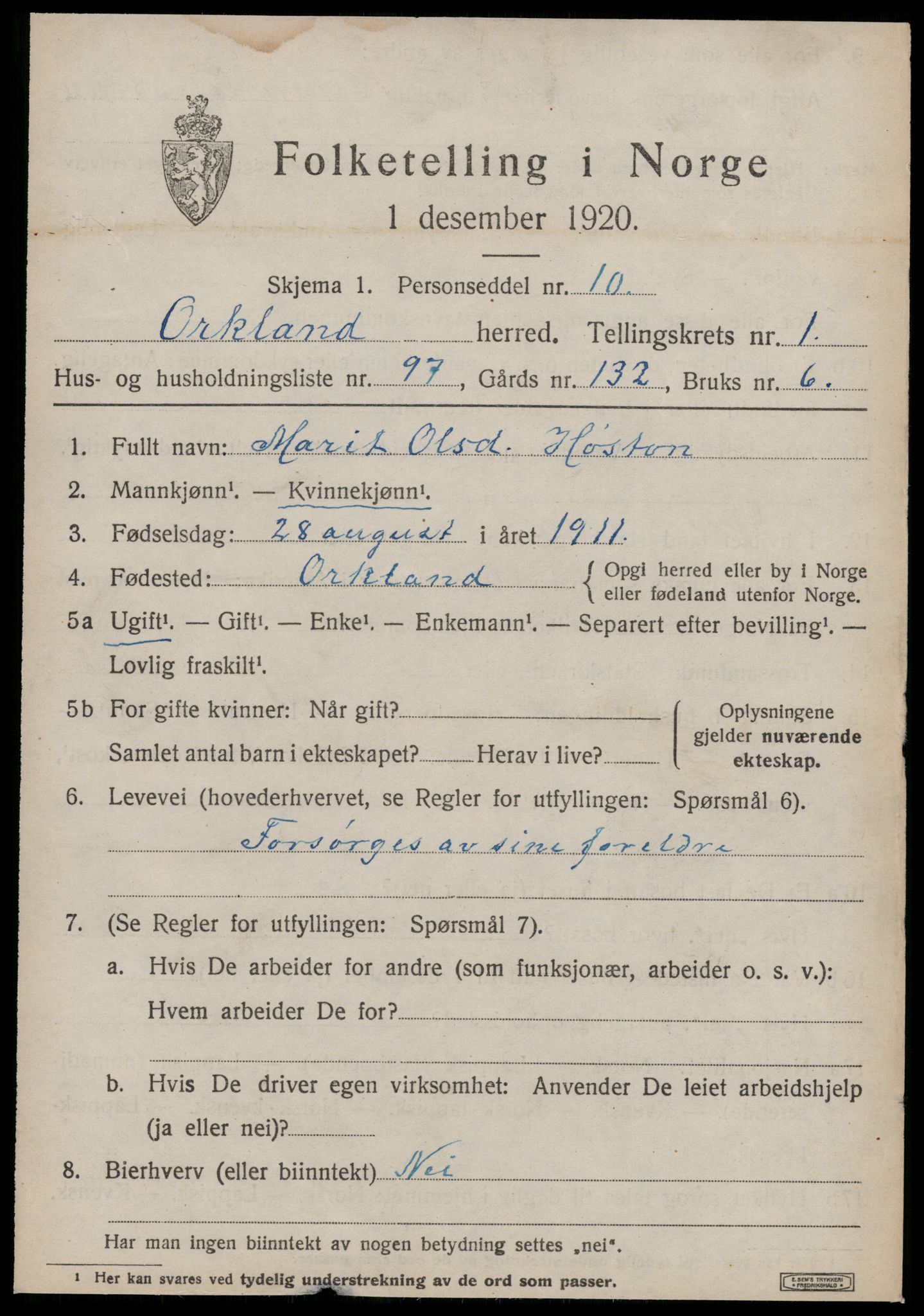 SAT, 1920 census for Orkland, 1920, p. 1672