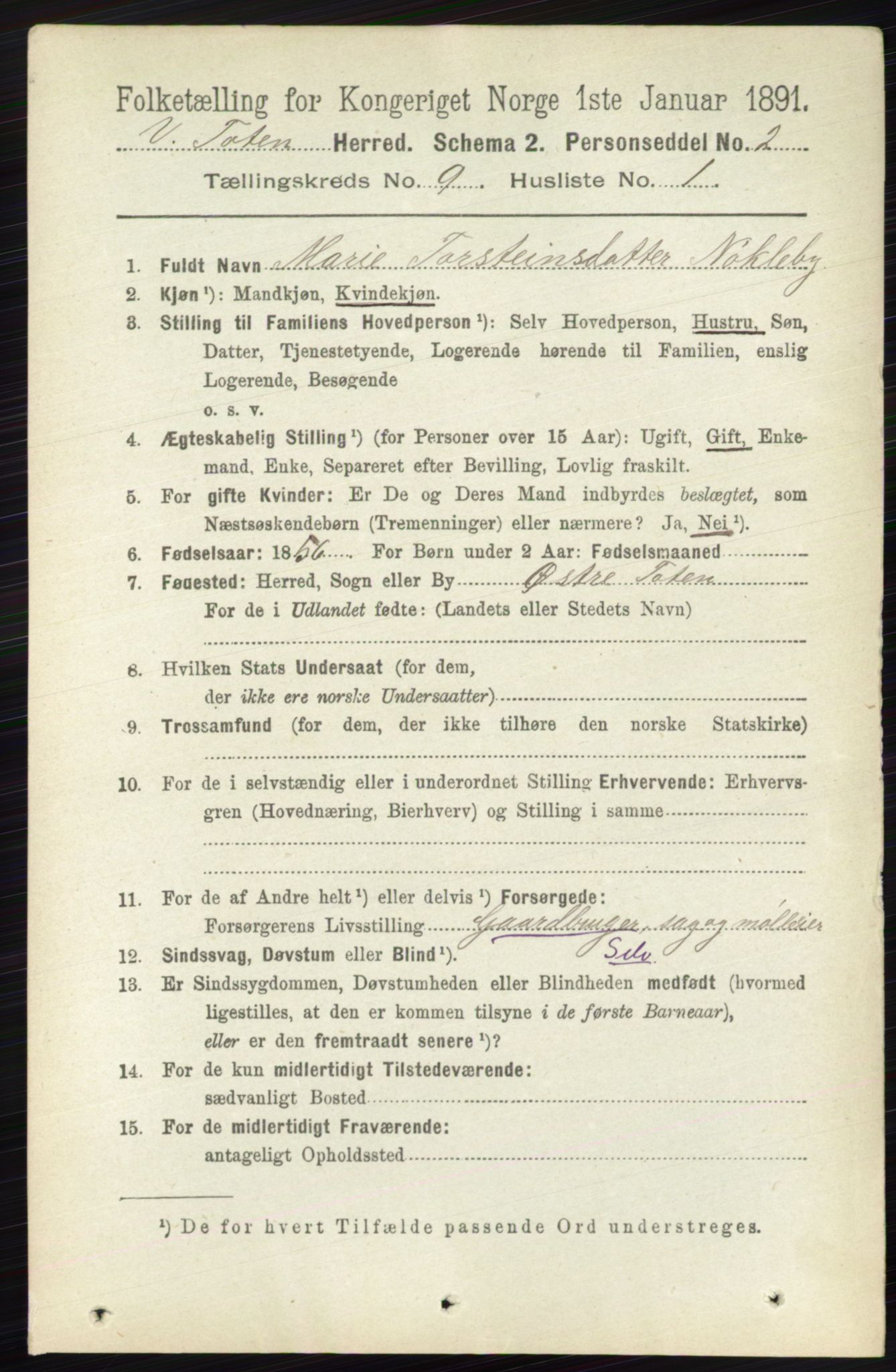 RA, 1891 census for 0529 Vestre Toten, 1891, p. 5547