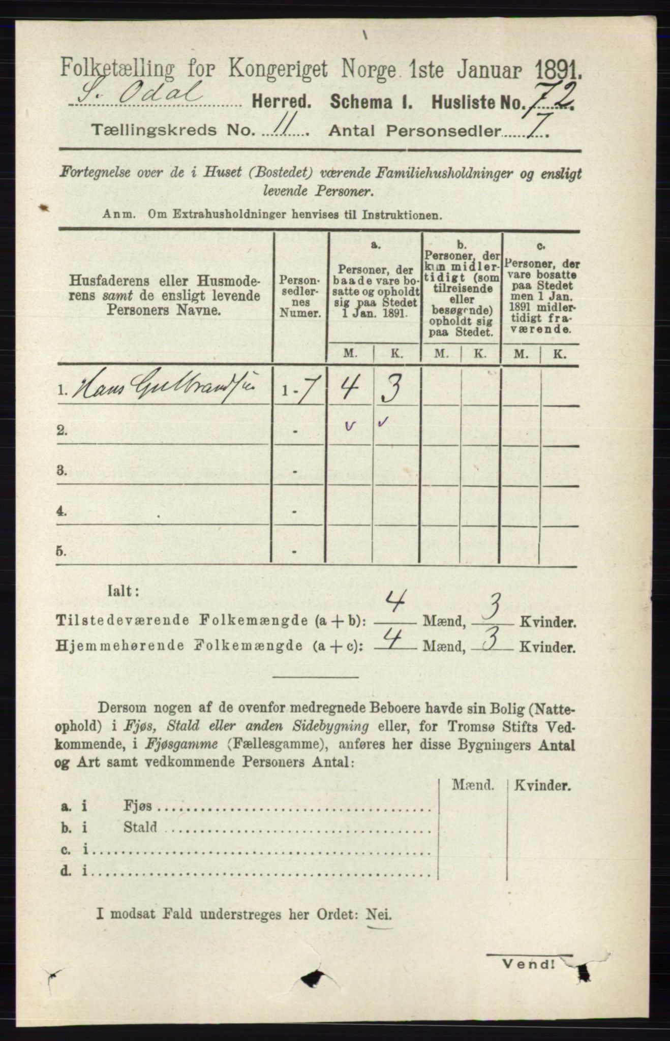 RA, 1891 census for 0419 Sør-Odal, 1891, p. 4898