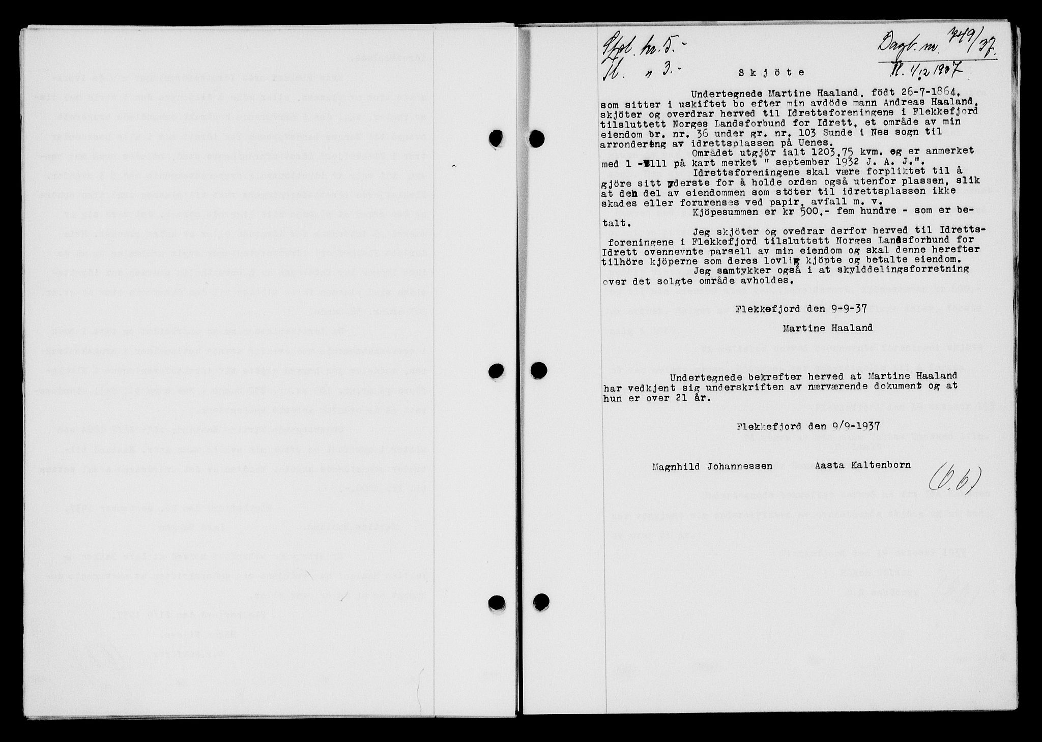 Flekkefjord sorenskriveri, SAK/1221-0001/G/Gb/Gba/L0054: Mortgage book no. A-2, 1937-1938, Diary no: : 749/1937