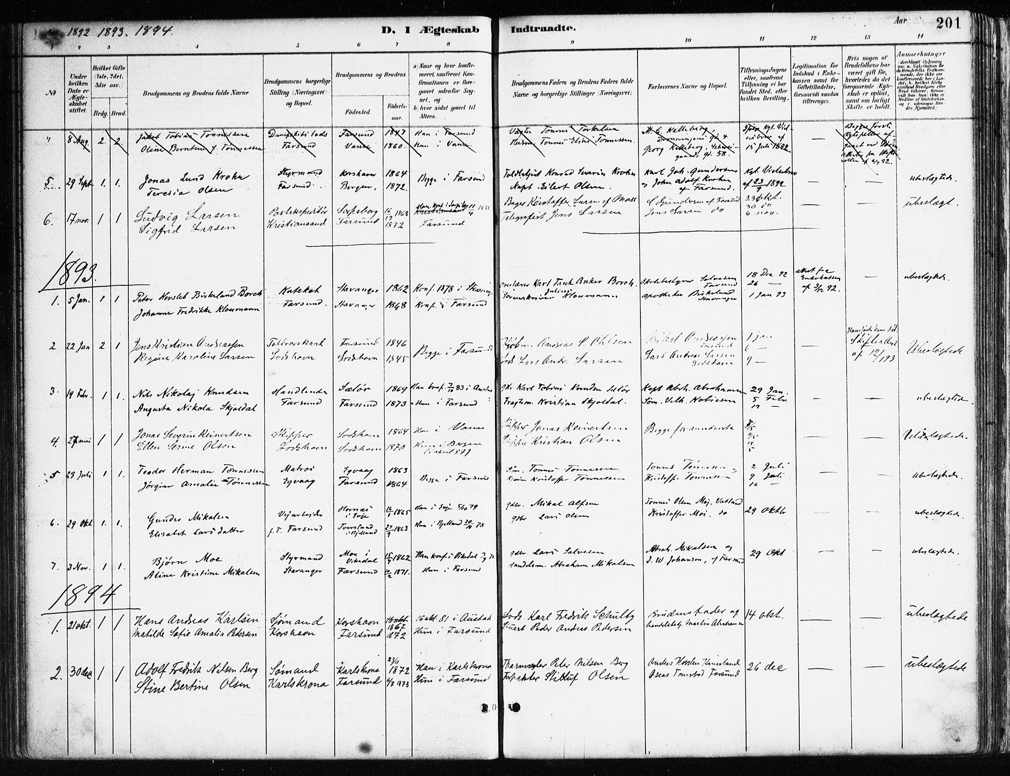 Farsund sokneprestkontor, AV/SAK-1111-0009/F/Fa/L0006: Parish register (official) no. A 6, 1887-1920, p. 201