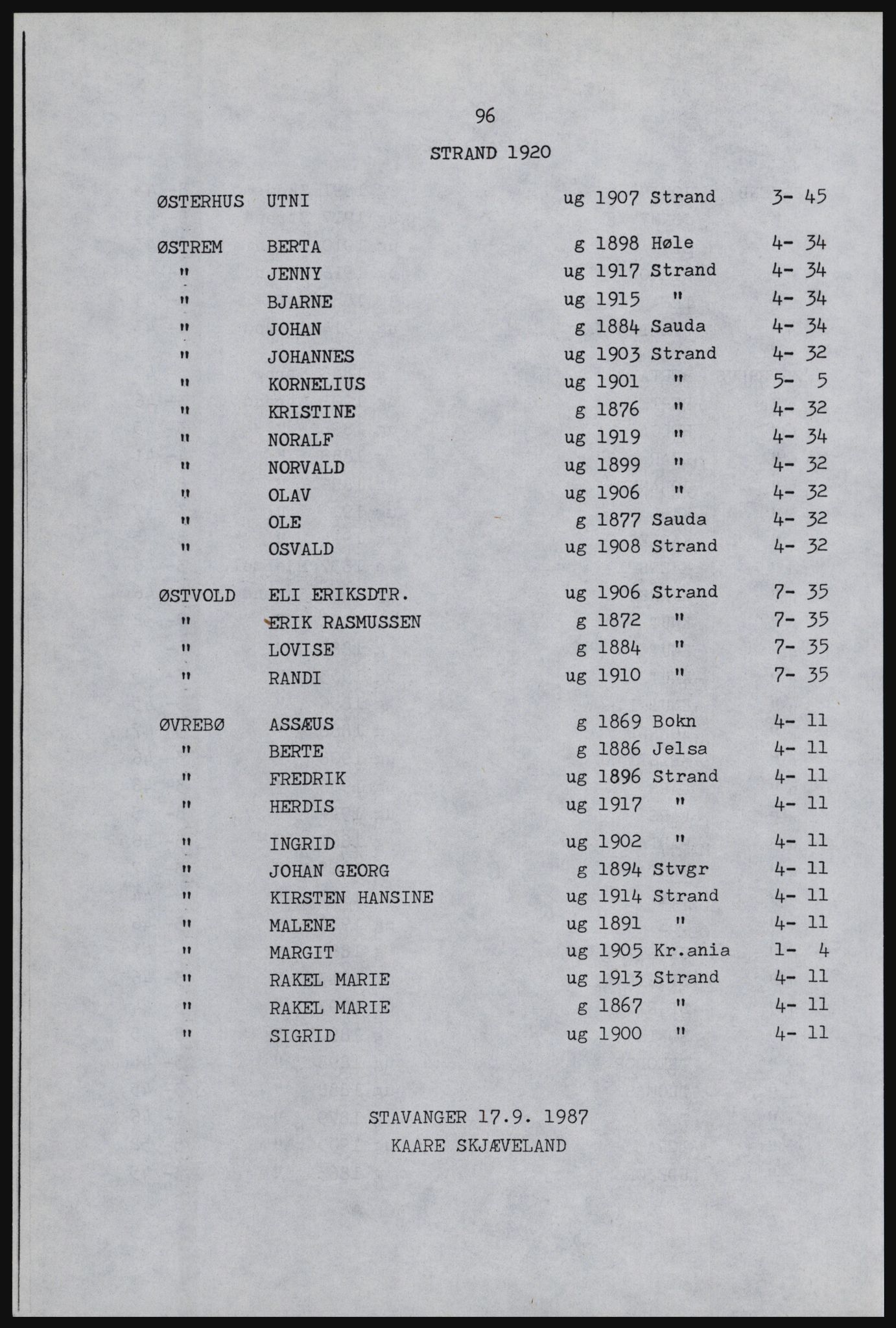 SAST, Copy of 1920 census for Strand, 1920, p. 102