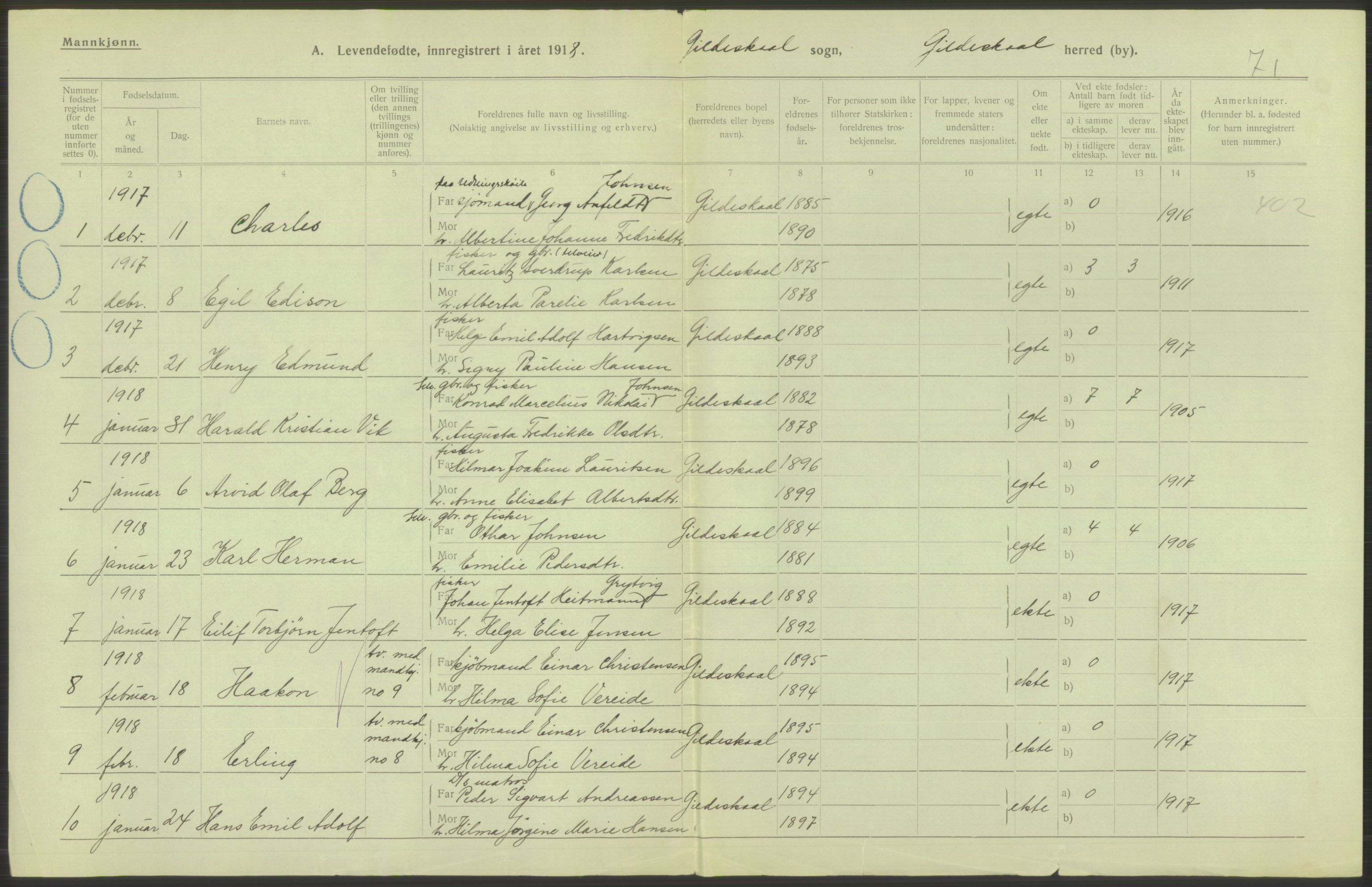 Statistisk sentralbyrå, Sosiodemografiske emner, Befolkning, RA/S-2228/D/Df/Dfb/Dfbh/L0052: Nordland fylke: Levendefødte menn og kvinner. Bygder., 1918, p. 546