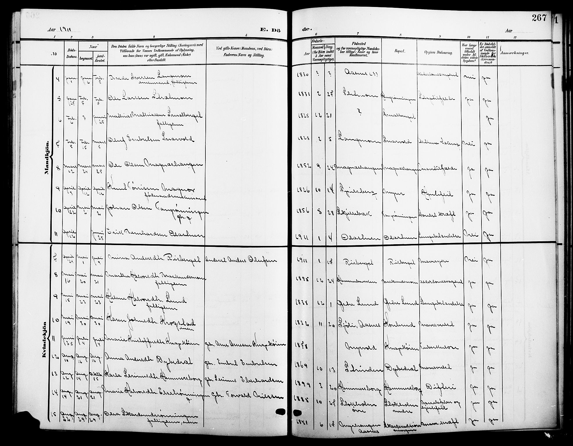 Våler prestekontor, Hedmark, SAH/PREST-040/H/Ha/Hab/L0002: Parish register (copy) no. 2, 1905-1915, p. 267