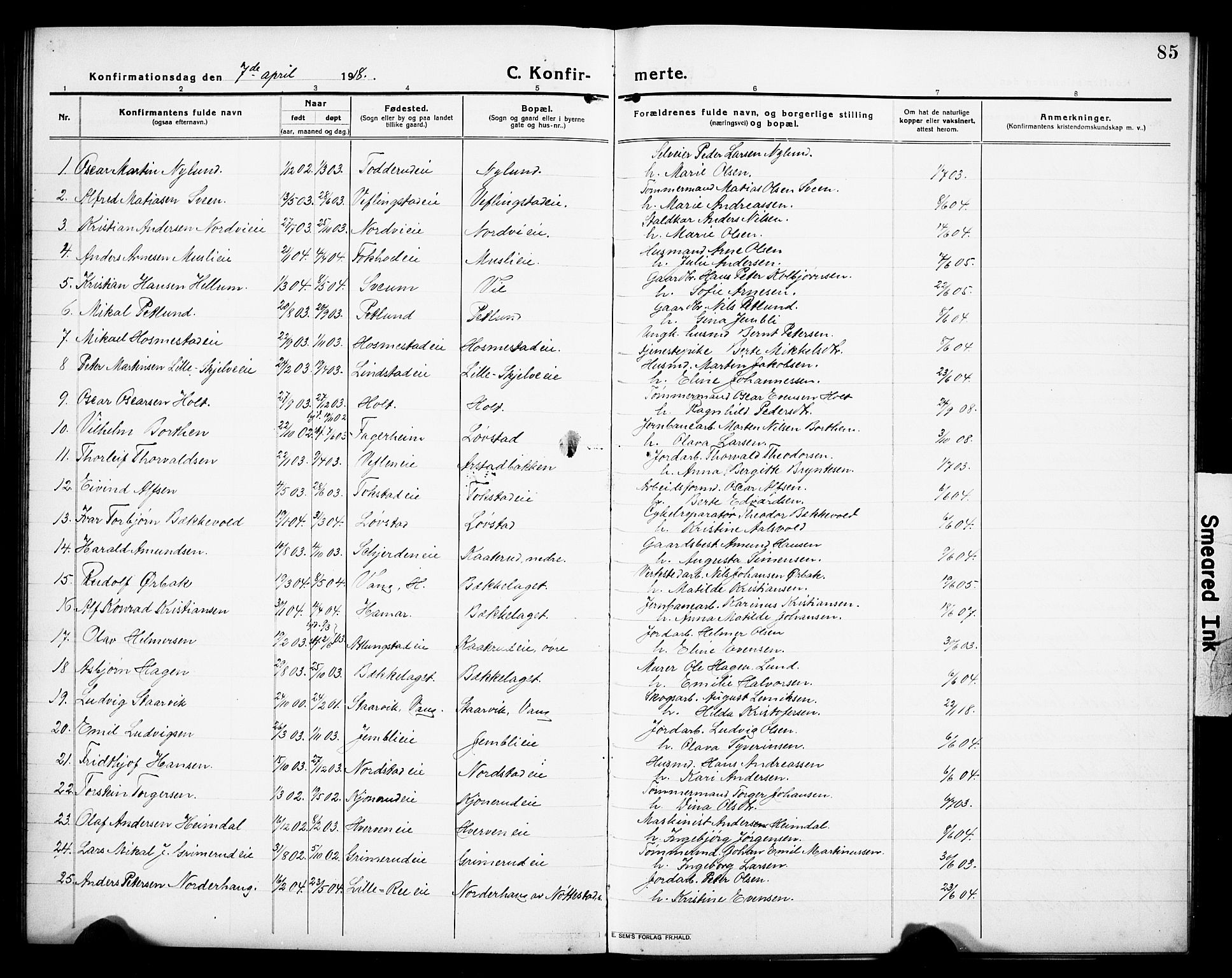 Stange prestekontor, SAH/PREST-002/L/L0015: Parish register (copy) no. 15, 1916-1928, p. 85