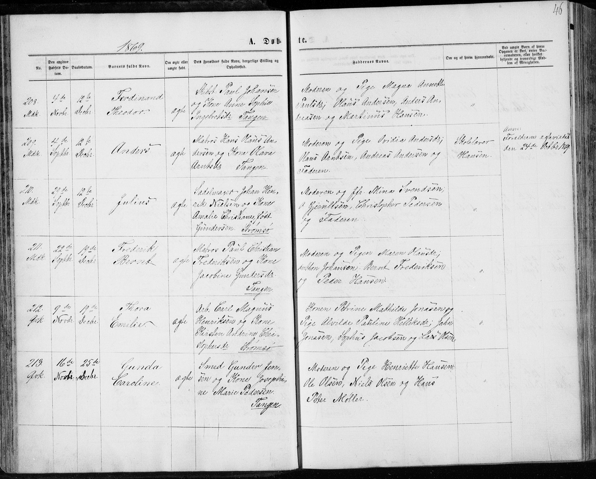 Strømsø kirkebøker, SAKO/A-246/F/Fa/L0016: Parish register (official) no. I 16, 1868-1873, p. 46