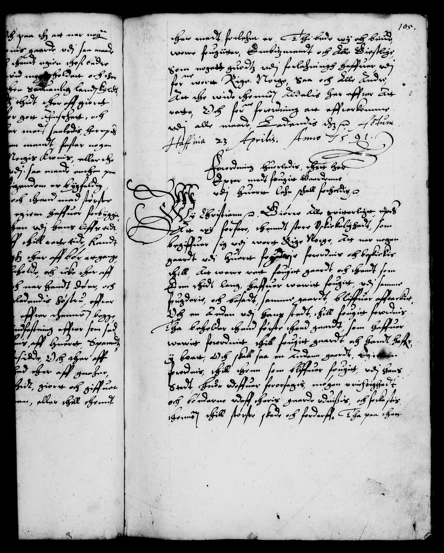 Danske Kanselli 1572-1799, RA/EA-3023/F/Fc/Fca/Fcaa/L0002: Norske registre (mikrofilm), 1588-1596, p. 105a