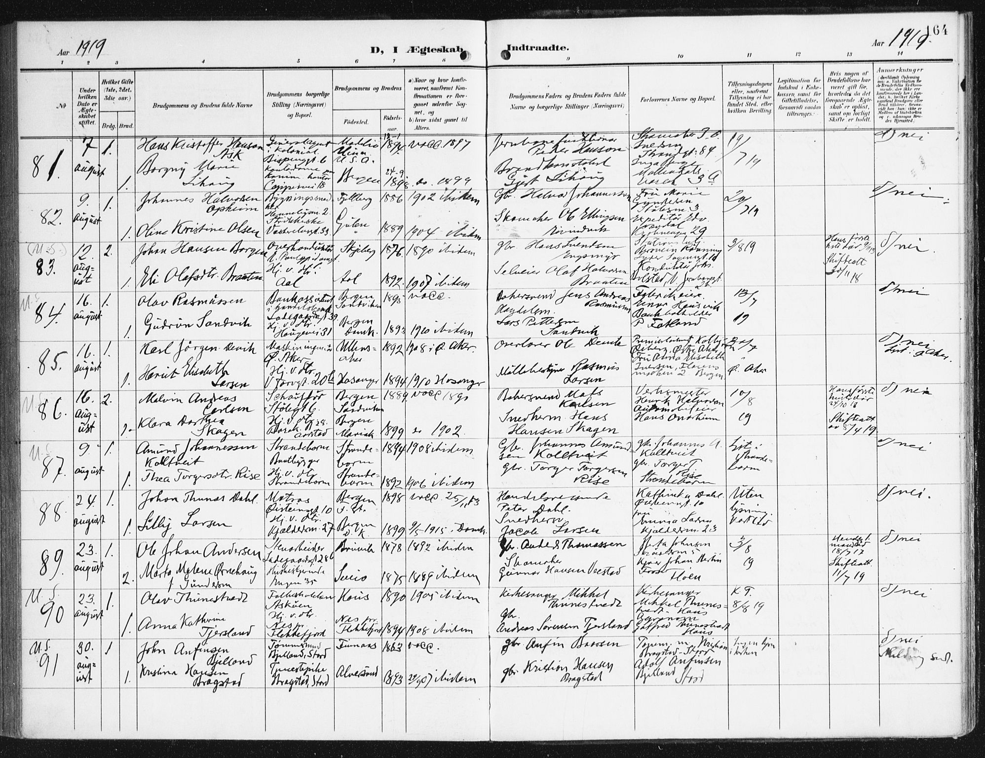 Domkirken sokneprestembete, SAB/A-74801/H/Haa/L0038: Parish register (official) no. D 5, 1906-1921, p. 164