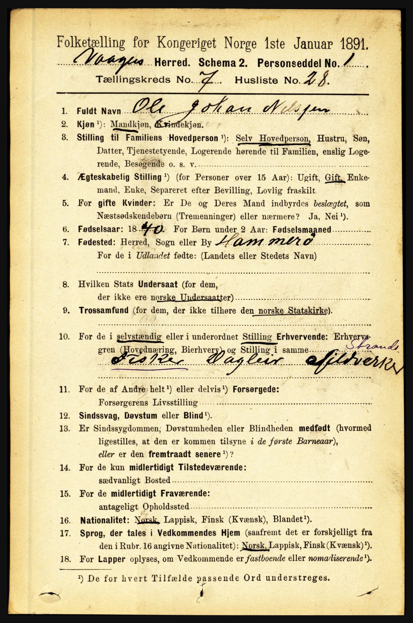 RA, 1891 census for 1865 Vågan, 1891, p. 1968