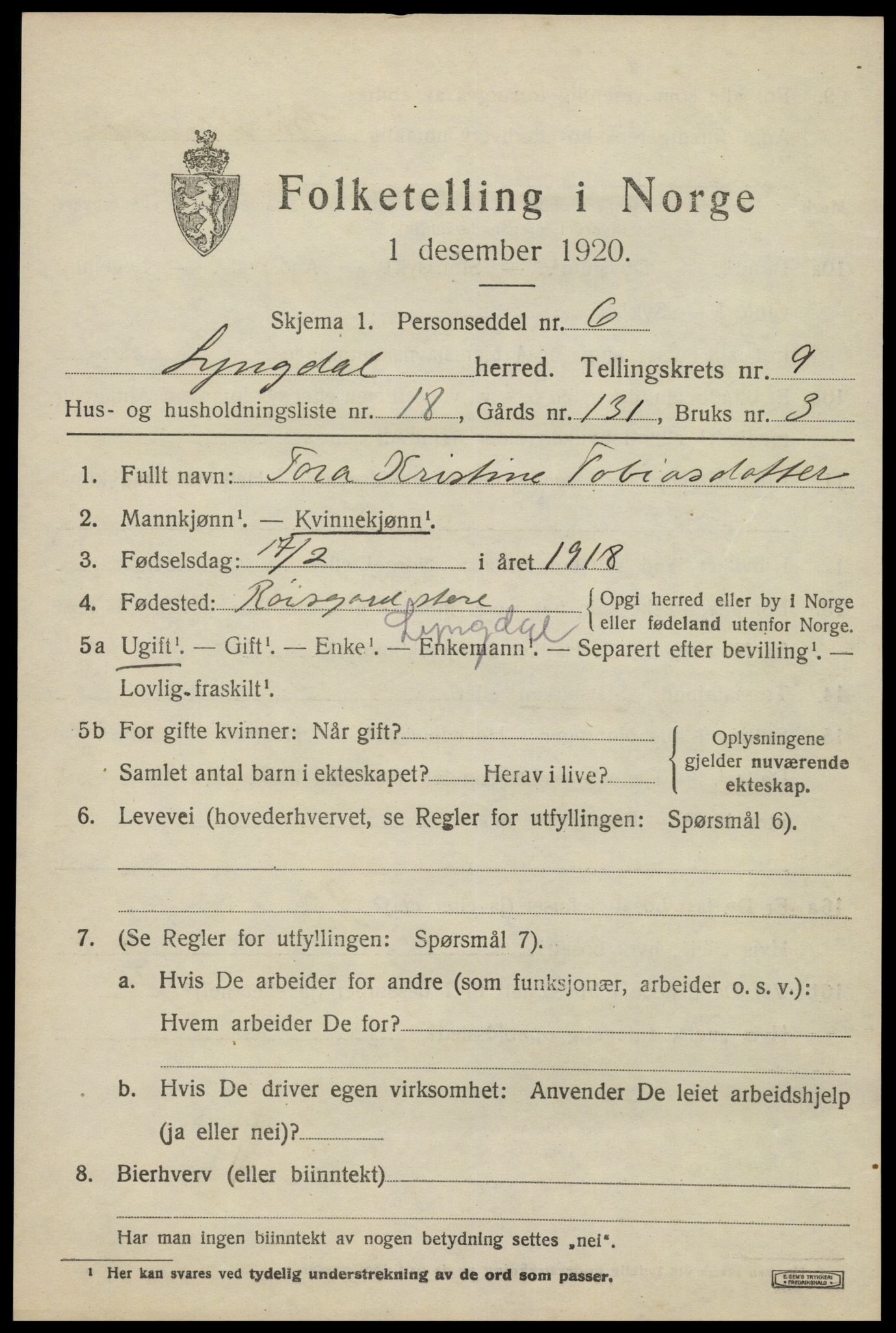 SAK, 1920 census for Lyngdal, 1920, p. 4801