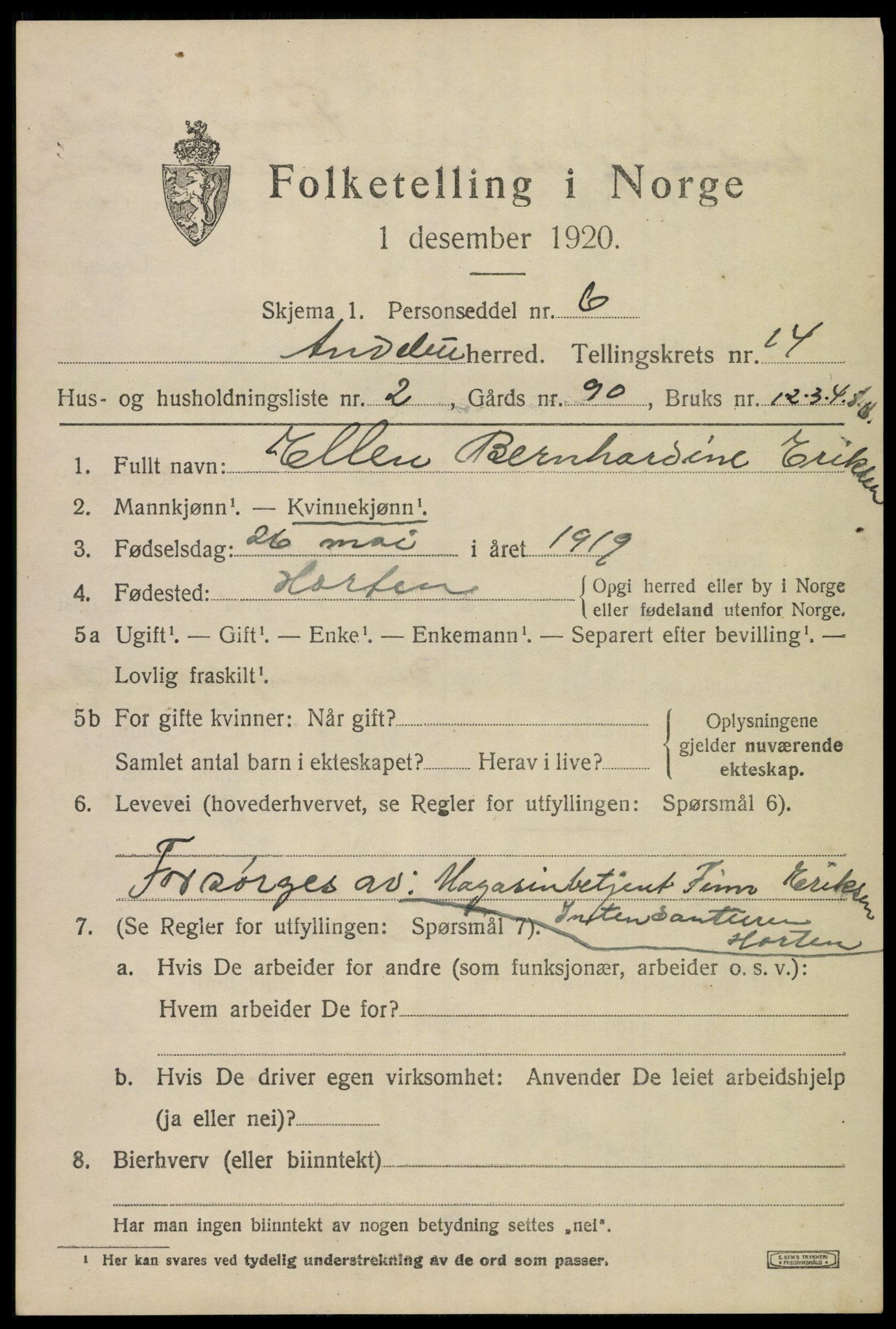 SAKO, 1920 census for Andebu, 1920, p. 5122