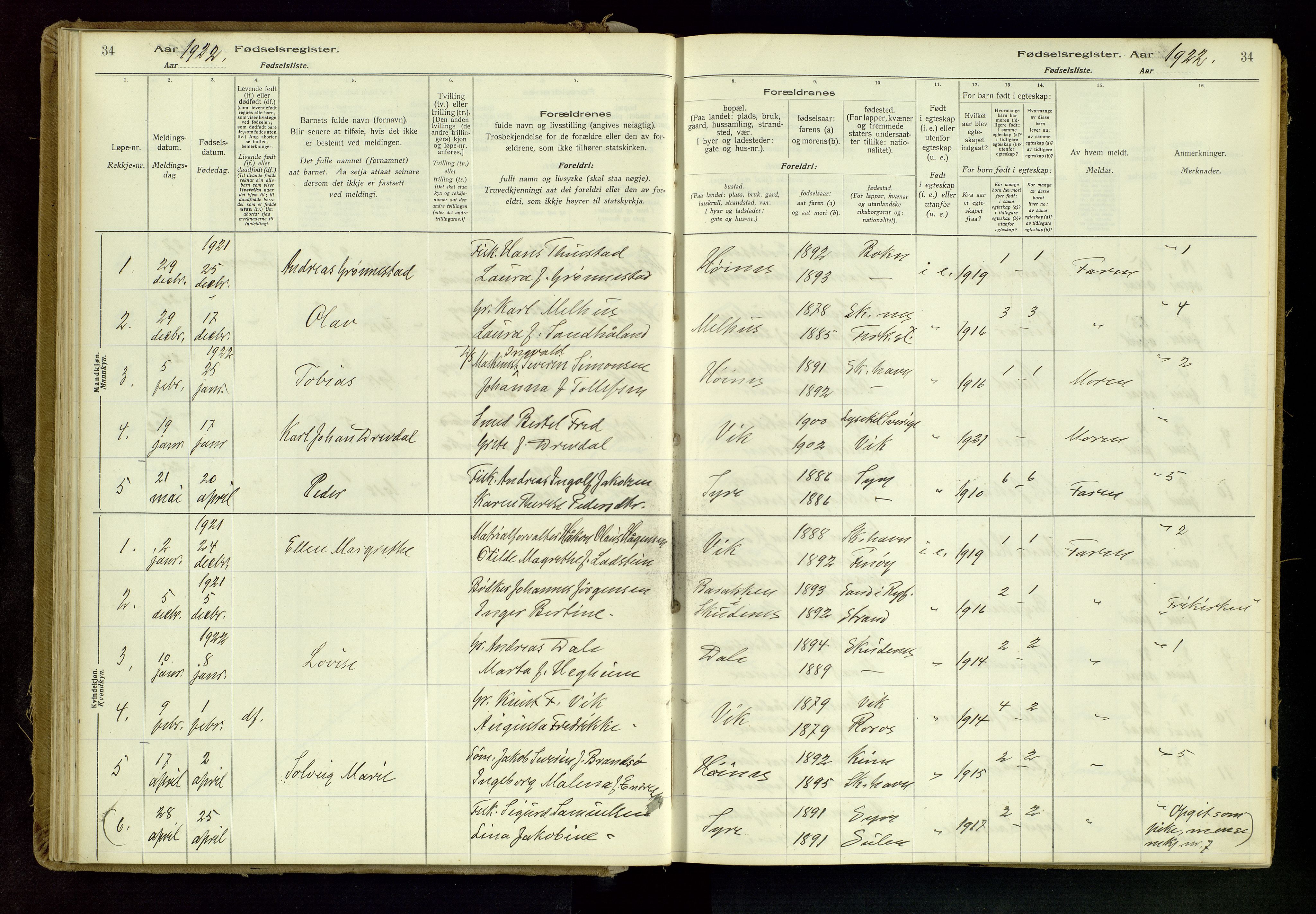 Skudenes sokneprestkontor, SAST/A -101849/I/Id/L0001: Birth register no. 1, 1916-1964, p. 34