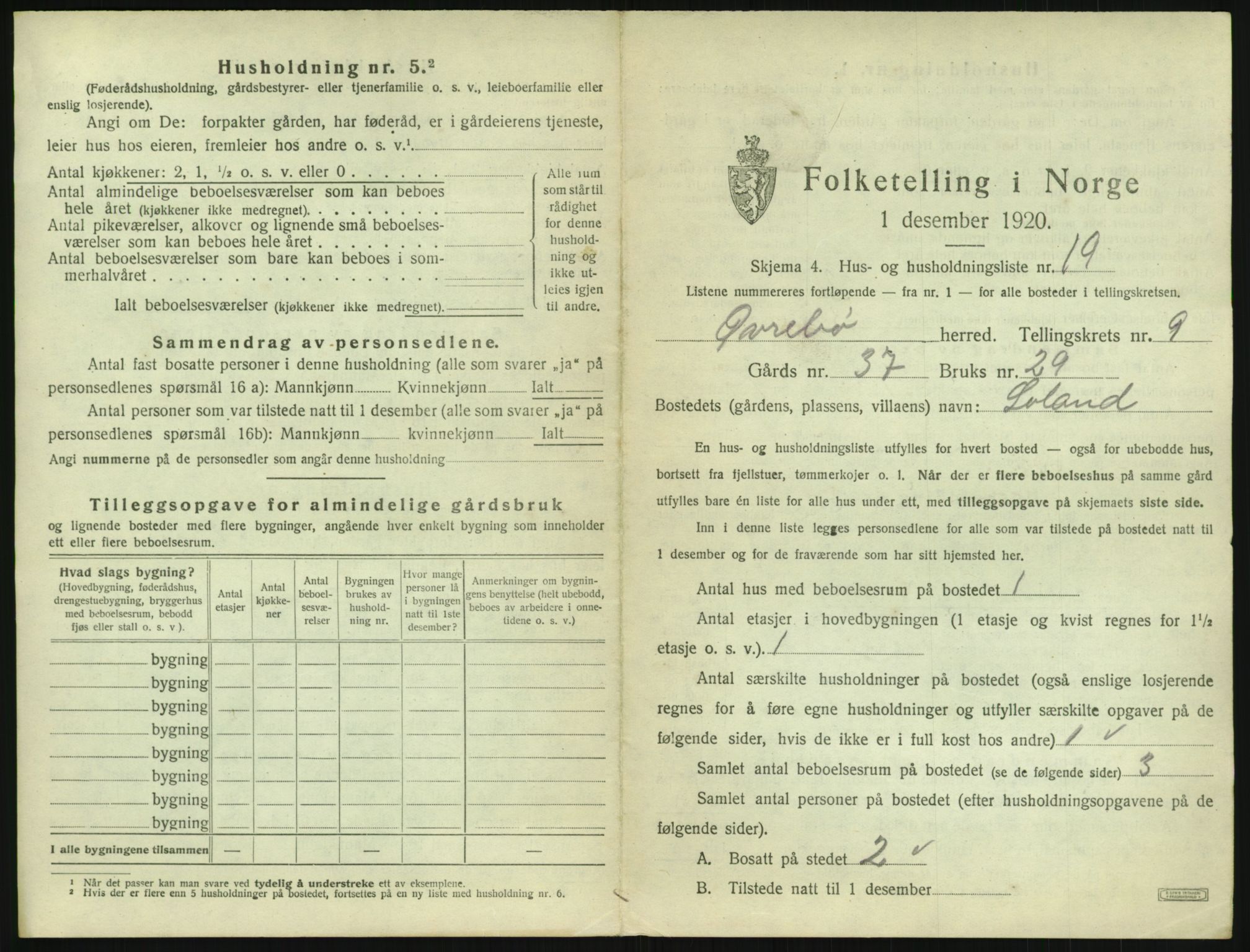 SAK, 1920 census for Øvrebø, 1920, p. 380