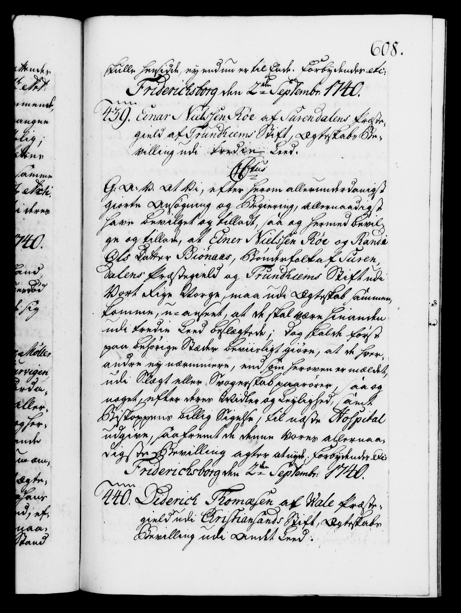 Danske Kanselli 1572-1799, AV/RA-EA-3023/F/Fc/Fca/Fcaa/L0031: Norske registre, 1739-1740, p. 608a