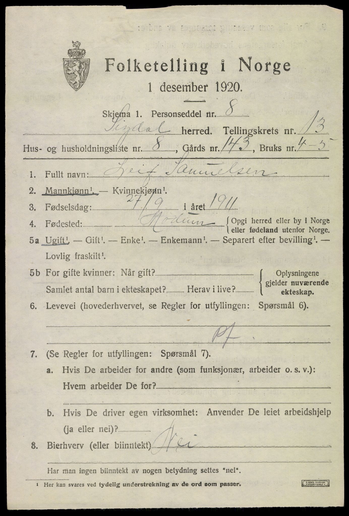 SAKO, 1920 census for Sigdal, 1920, p. 8146