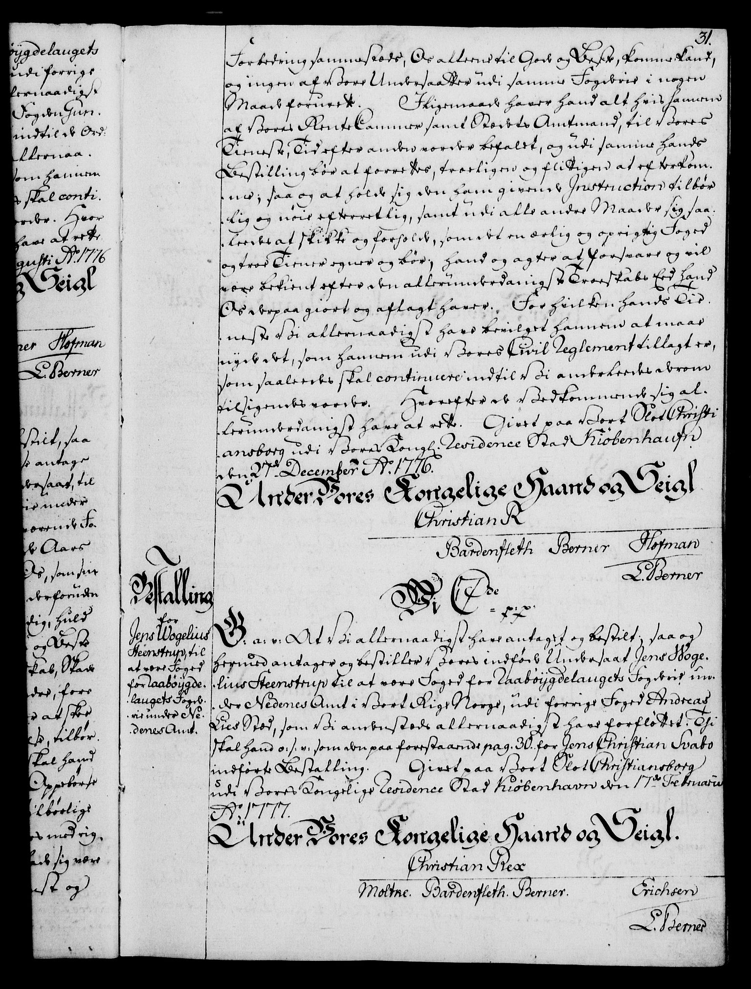 Rentekammeret, Kammerkanselliet, RA/EA-3111/G/Gg/Gge/L0006: Norsk bestallingsprotokoll med register (merket RK 53.30), 1773-1814, p. 31